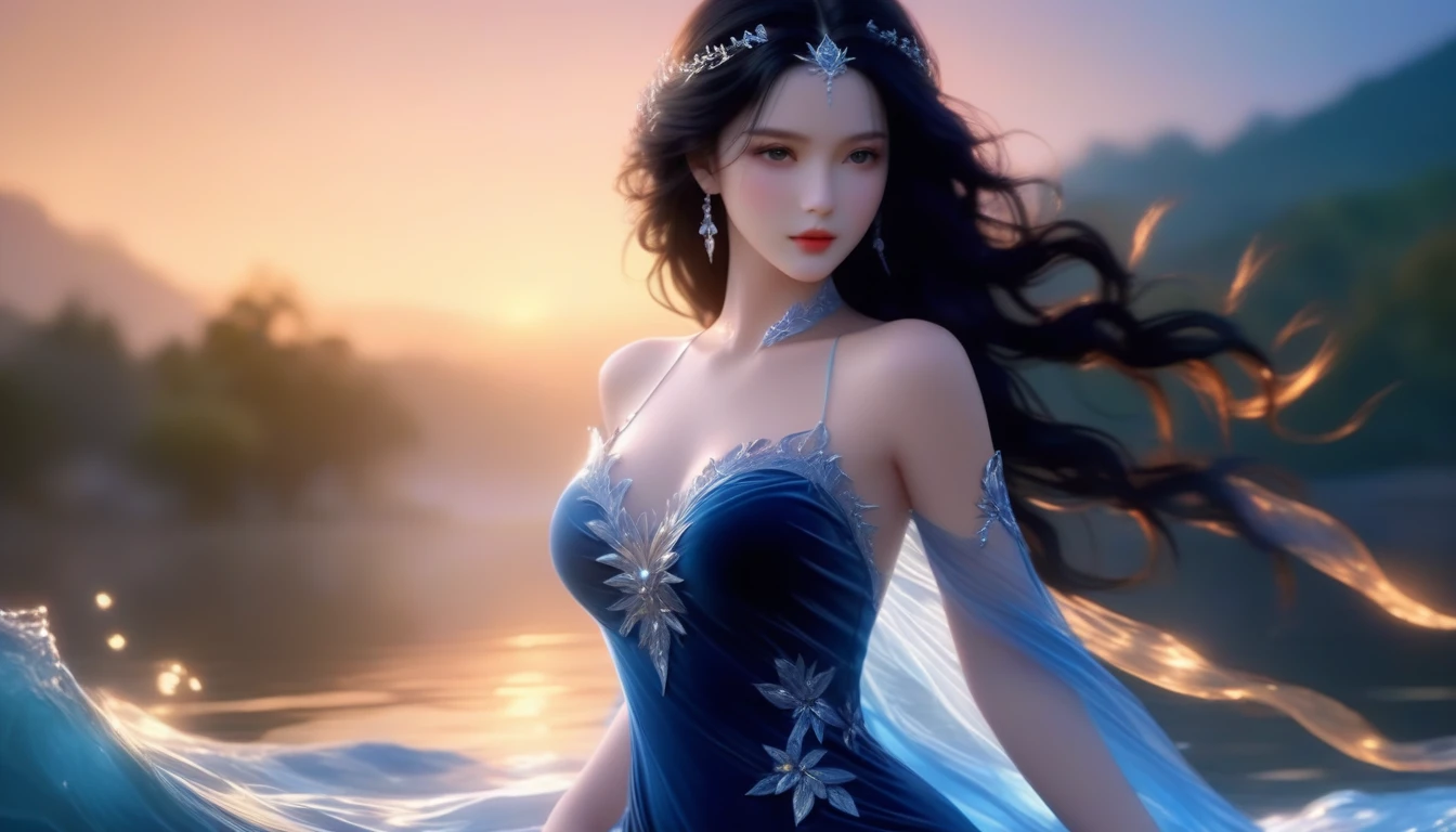 A Masterpiece In 32K Resolution, Supreme Quality, Super Detail, Official Art, Very High-Resolution 32K Wallpaper, Cinematic Lighting, Beautiful And Aesthetic, Ultra-Detailed Features, Awe Inspiring Detail. A Girl With Skin Light, Adorned In A Flowing Velvet Gown, Highlight Her Ample Breasts. Her Jet-Black Hair Cascades Down In Soft Waves, While Gentle Mist Swirls Around Her. Her Eyes, A Deep Midnight Blue, Captivate With Their Intensity. Her Skin Glows With A Subtle Luminescence, Standing Out Against A Water Backdrop. Gentle Light Filters Through The Water, Casting A Soft Glow On Her Form. The Scene Evokes A Sense Of Enigma, With Every Element Adding To The Mystical Aura.