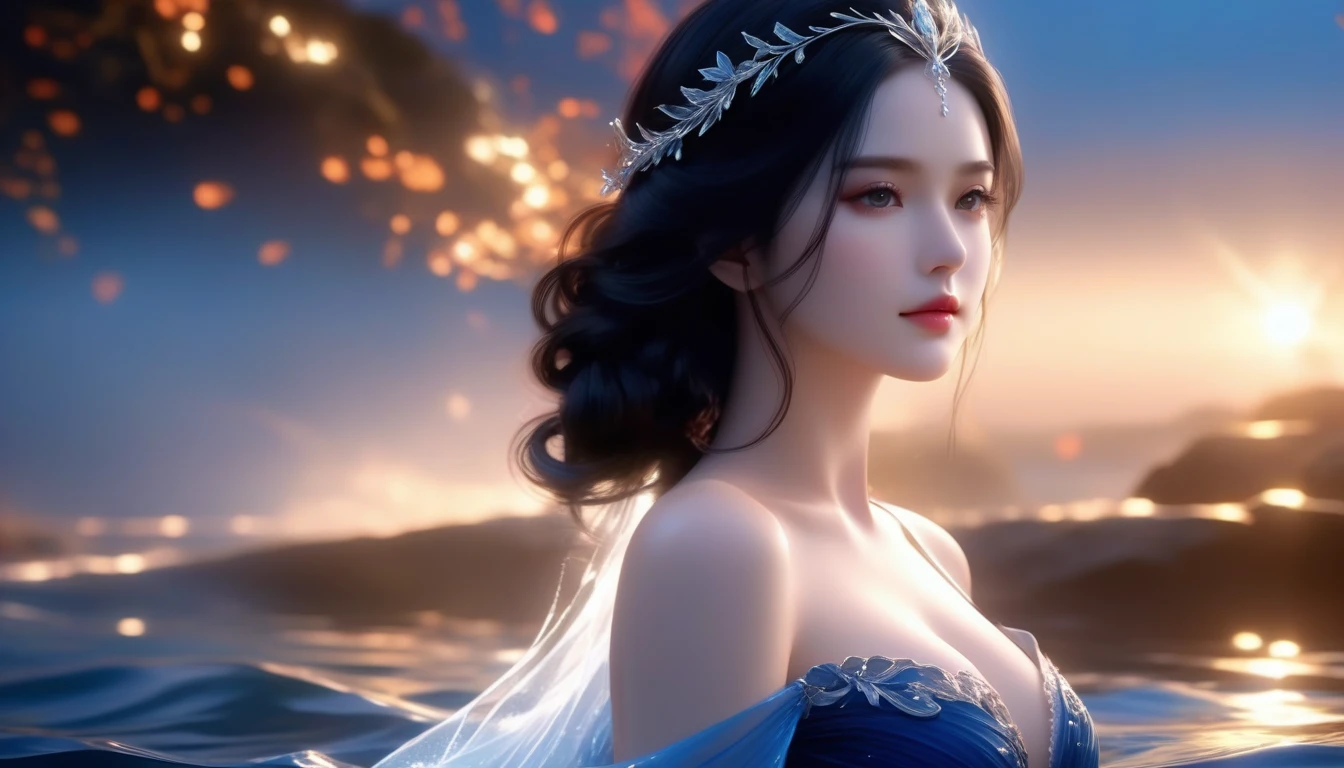 A Masterpiece In 32K Resolution, Supreme Quality, Super Detail, Official Art, Very High-Resolution 32K Wallpaper, Cinematic Lighting, Beautiful And Aesthetic, Ultra-Detailed Features, Awe Inspiring Detail. A Girl With Skin Light, Adorned In A Flowing Velvet Gown, Highlight Her Ample Breasts. Her Jet-Black Hair Cascades Down In Soft Waves, While Gentle Mist Swirls Around Her. Her Eyes, A Deep Midnight Blue, Captivate With Their Intensity. Her Skin Glows With A Subtle Luminescence, Standing Out Against A Water Backdrop. Gentle Light Filters Through The Water, Casting A Soft Glow On Her Form. The Scene Evokes A Sense Of Enigma, With Every Element Adding To The Mystical Aura.