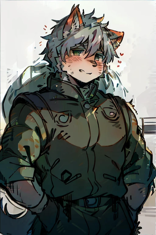 An Anime style Top Body and Right Side Body Picture of A Very Muscular Kemono Furry Style Gray Wolf. He is wearing A Full Long Armed Dark Green Soldier Outfit. His one hand is scratching his head while his another hand is in his pocket. The background is white. He have Gray messy and spikey hair. He is looking at the viewer. His eyes are little red But Mostly white. He is standing in the background. He look like a video game character. He is smiling and blushes with blushes on his face. His tail is sticking upward. He is shy and little embarrassed