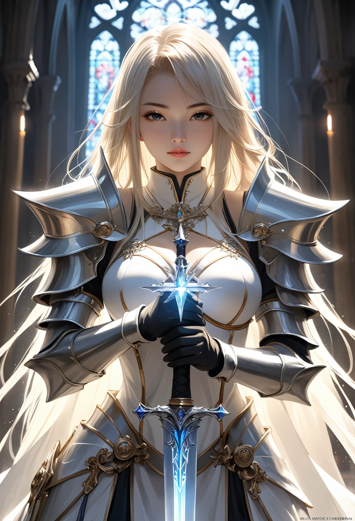 masterpiece,Best Quality,Absurd,((Holy Knight))白銀のBeautiful Armorを着た女性,In the holy white light,Cathedral,Cowboy Style Photos,Crystal Holy Sword,Great Sword,Luminous sword tip,The tip of the sword points downwards,Holding the handle with both hands,Kneeling in prayer,Close your eyes slightly,Art Stationのchengwei pan, Detailed fantasy art, Great person々The Art of, 最高The Art ofステーション, Beautifully crafted, Beautiful Armor, Very exquisite work of art, Detailed digital art, Art Station, Artgerm&#39;s pixiv, Woman in armor,Big Breasts