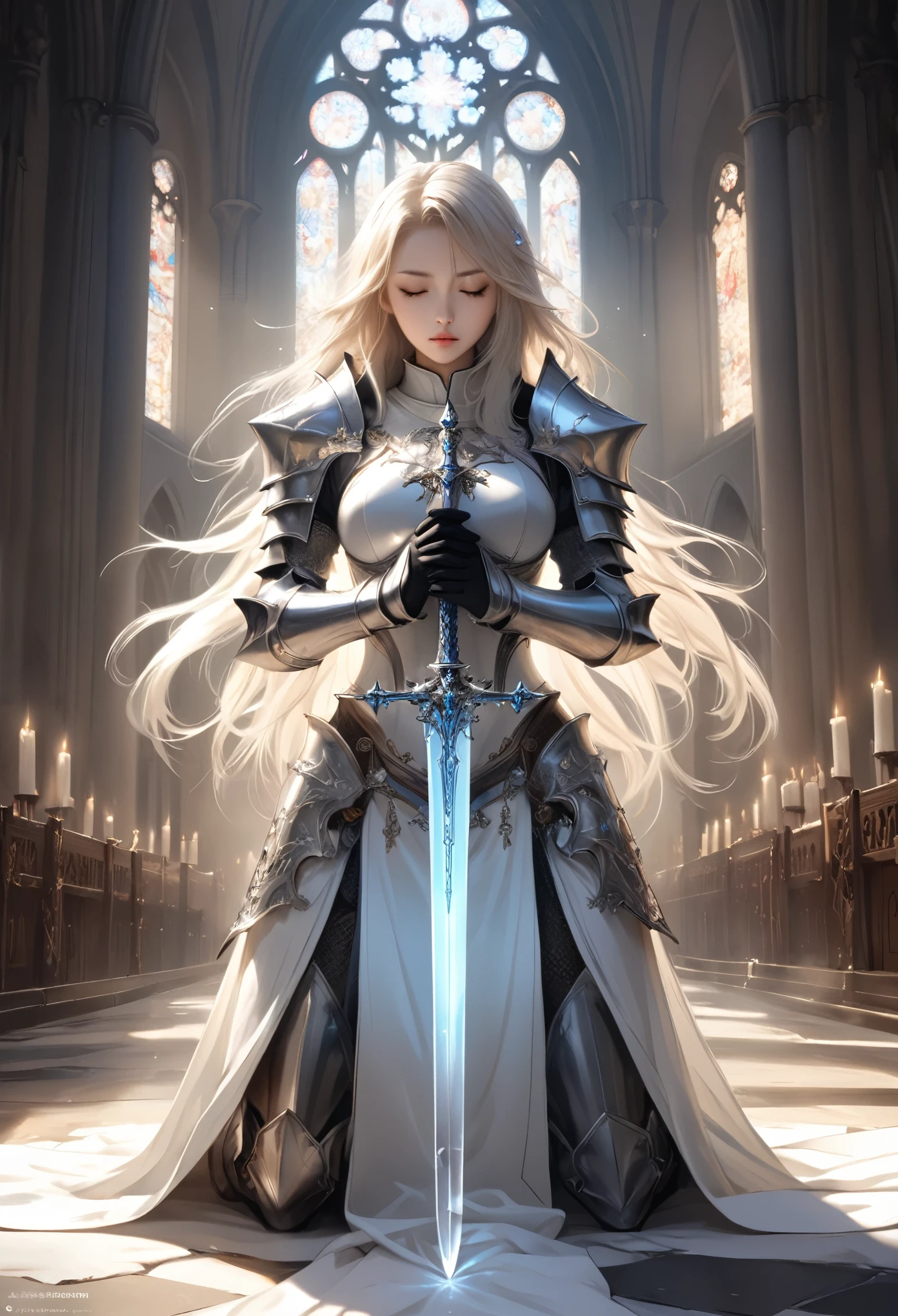 masterpiece,Best Quality,Absurd,((Holy Knight))白銀のBeautiful Armorを着た女性,In the holy white light,Cathedral,Cowboy Style Photos,Crystal Holy Sword,Great Sword,Luminous sword tip,The tip of the sword points downwards,Holding the handle with both hands,Kneeling in prayer,Close your eyes slightly,Art Stationのchengwei pan, Detailed fantasy art, Great person々The Art of, 最高The Art ofステーション, Beautifully crafted, Beautiful Armor, Very exquisite work of art, Detailed digital art, Art Station, Artgerm&#39;s pixiv, Woman in armor,Big Breasts