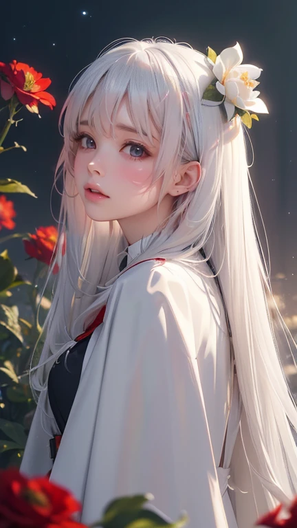 {masterpiece},{The best},{(((Finest details)、Realistic、8K Ultra HD、High resolution、(Finest details: a girl,alone,a girl,alone,((Nice detailed eyes)), (Detailed lighting),Depth of Field,(white hair),silver eyes,hair on one eye,(red flowers ), hair accessories,long hair,Black cape,Soaked,emotional,Looking back,night,Starfall,It&#39;s raining,Thick Fog,red flowerss fall,sketch,Upper Body,strong shadow,