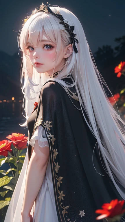 {masterpiece},{The best},{(((Finest details)、Realistic、8K Ultra HD、High resolution、(Finest details: a girl,alone,a girl,alone,((Nice detailed eyes)), (Detailed lighting),Depth of Field,(white hair),silver eyes,hair on one eye,(red flowers ), hair accessories,long hair,Black cape,Soaked,emotional,Looking back,night,Starfall,It&#39;s raining,Thick Fog,red flowerss fall,sketch,Upper Body,strong shadow,