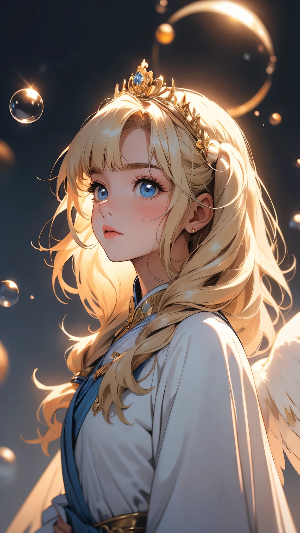 ((Masterpiece)), envision a 8k, highres, cinematic, extremely beautiful semi realistic close up portrait of a beautiful mature princess lady with a mature face, slender body, strong face, ((long light blonde hair)), side locks, choppy bangs, round face, long sweeping bangs, baby blue eyes, soft lips, lip gloss, thick eyebrows, round face, (Half Bird) (((ahoge))), long white dress, fluffy, white fluffy feathers, golden hair clip, small twintails, princess tiara, water bubbles, ((fluffy wings)), ((((1girl)))), in dark lighting, against a dark gray background