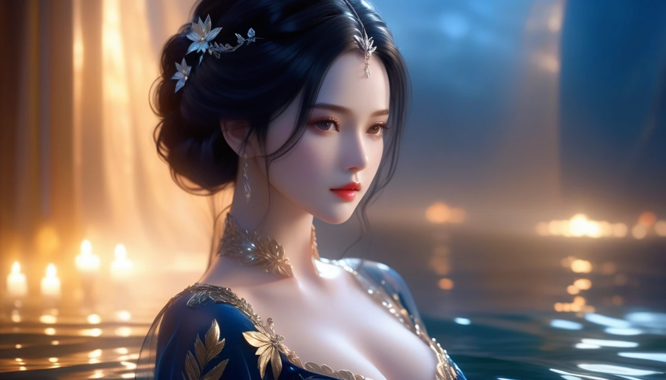 A Masterpiece In 32K Resolution, Supreme Quality, Super Detail, Official Art, Very High-Resolution 32K Wallpaper, Cinematic Lighting, Beautiful And Aesthetic, Ultra-Detailed Features, Awe Inspiring Detail. A Girl With Skin Light, Adorned In A Flowing Velvet Gown, Highlight Her Ample Breasts. Her Jet-Black Hair Cascades Down In Soft Waves, While Gentle Mist Swirls Around Her. Her Eyes, A Deep Midnight Blue, Captivate With Their Intensity. Her Skin Glows With A Subtle Luminescence, Standing Out Against A Water Backdrop. Gentle Light Filters Through The Water, Casting A Soft Glow On Her Form. The Scene Evokes A Sense Of Enigma, With Every Element Adding To The Mystical Aura.