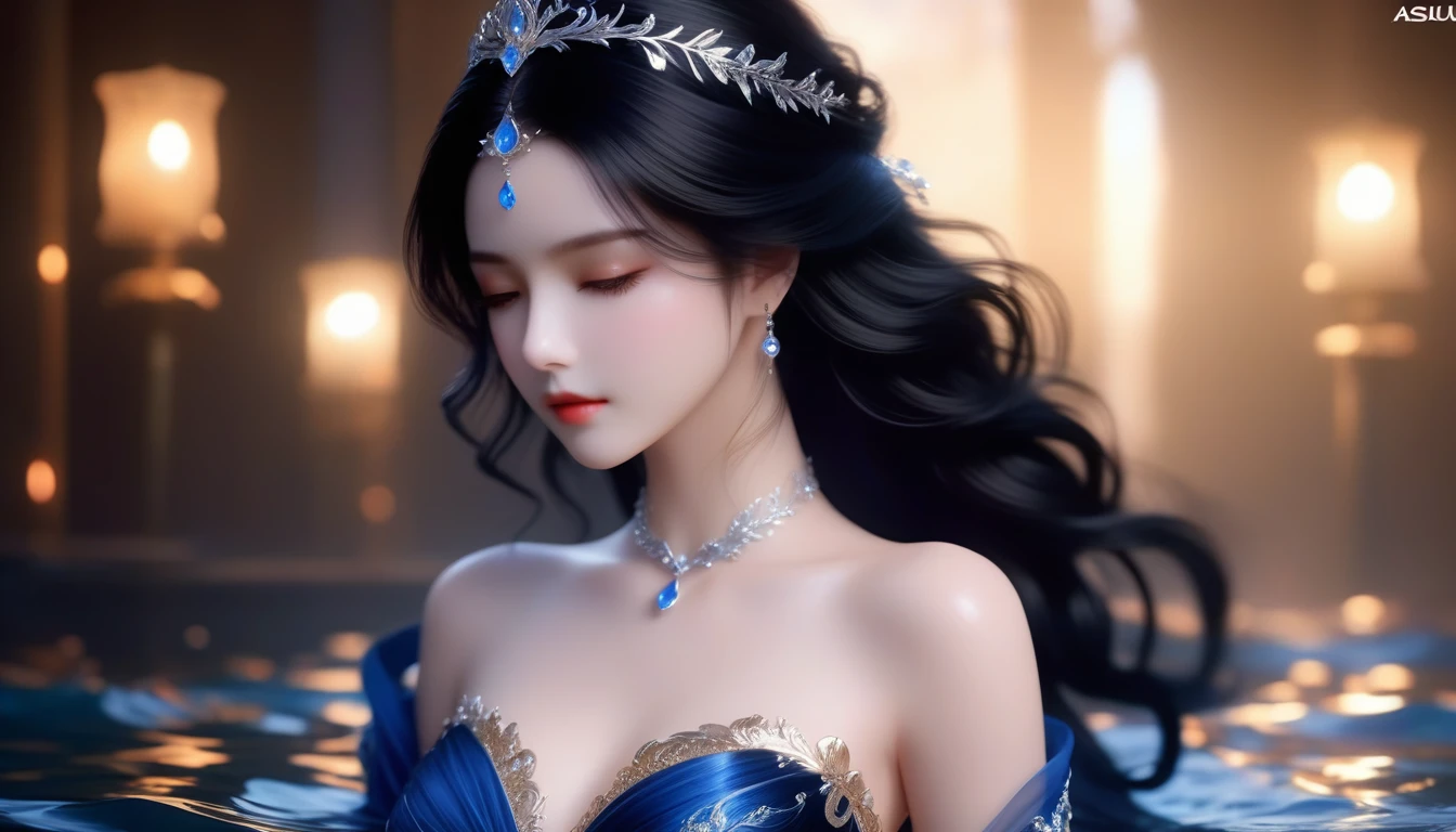 A Masterpiece In 32K Resolution, Supreme Quality, Super Detail, Official Art, Very High-Resolution 32K Wallpaper, Cinematic Lighting, Beautiful And Aesthetic, Ultra-Detailed Features, Awe Inspiring Detail. A Girl With Skin Light, Adorned In A Flowing Velvet Gown, Highlight Her Ample Breasts. Her Jet-Black Hair Cascades Down In Soft Waves, While Gentle Mist Swirls Around Her. Her Eyes, A Deep Midnight Blue, Captivate With Their Intensity. Her Skin Glows With A Subtle Luminescence, Standing Out Against A Water Backdrop. Gentle Light Filters Through The Water, Casting A Soft Glow On Her Form. The Scene Evokes A Sense Of Enigma, With Every Element Adding To The Mystical Aura.