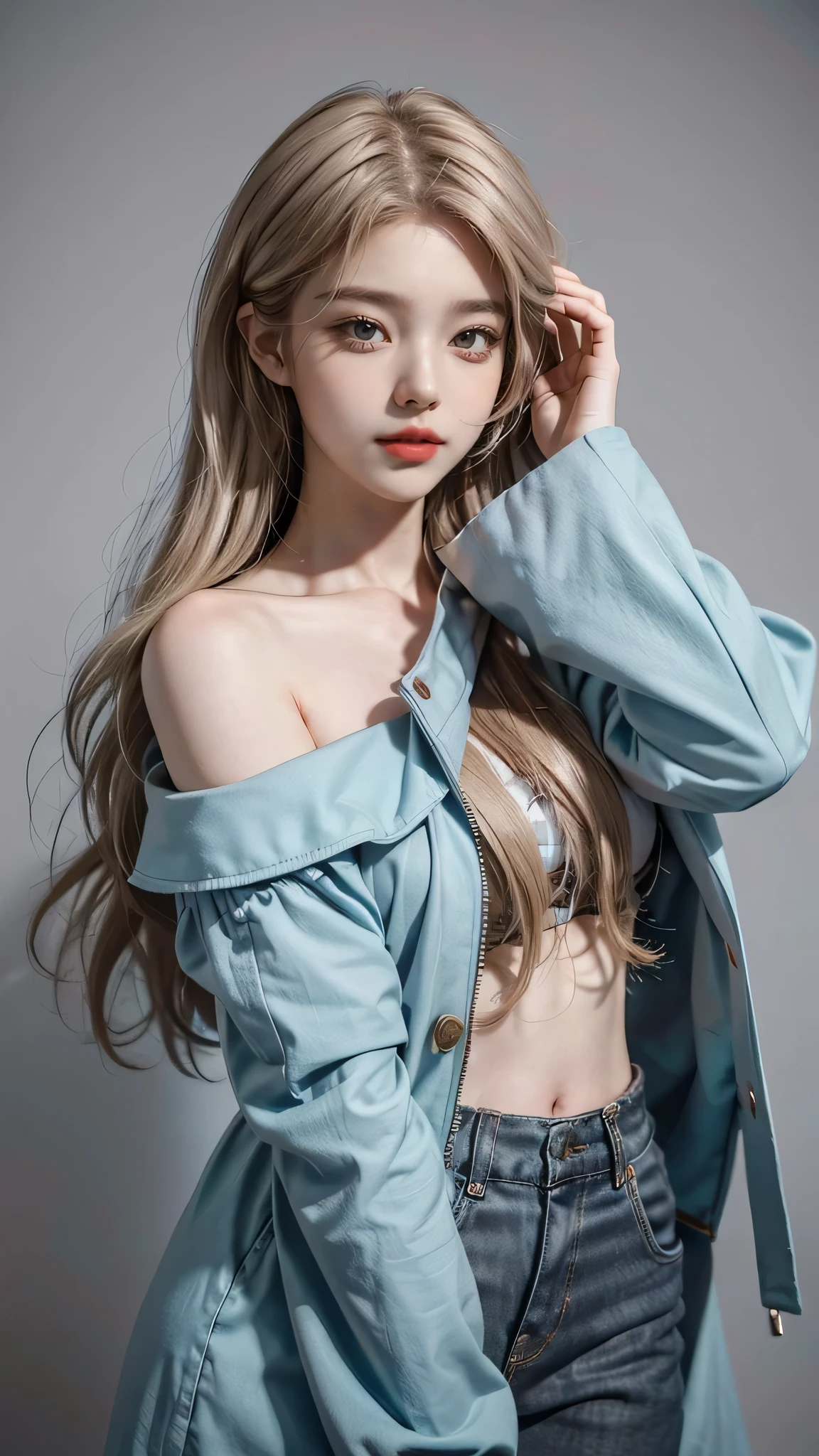 Girl wearing, luxury  cyan coat, shoulder length hair, wavy hair, glowing skin, star in eye, red lips, grey  background, cute poses , upper body, light blonde hair.