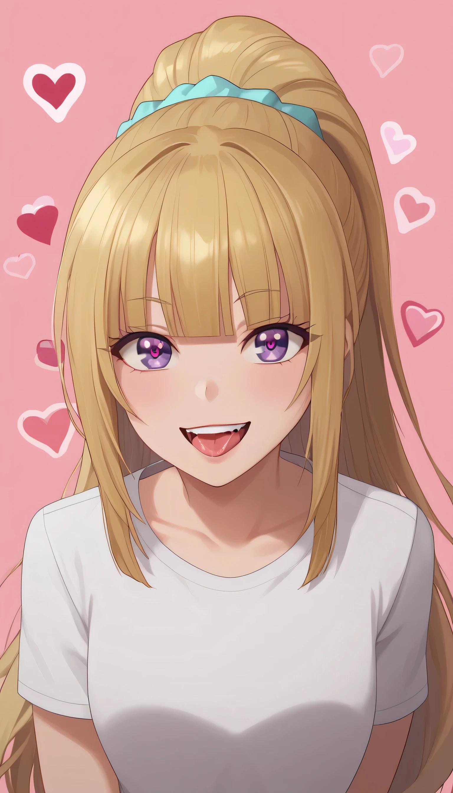 score_9,score_8_up,score_7_up, 1girl,KeiKaruizawa, Kei Karuizawa, bangs, blunt bangs, ponytail hair, violet eyes, blonde hair, blue scrunchie, eyelashes, heart, heart-shaped pupils, heart background, long hair, looking at viewer, one side up, open mouth, pink background, portrait, saliva, shirt, sidelocks, smile, solo, symbol-shaped pupils, teeth, tongue, tongue out, upper teeth only