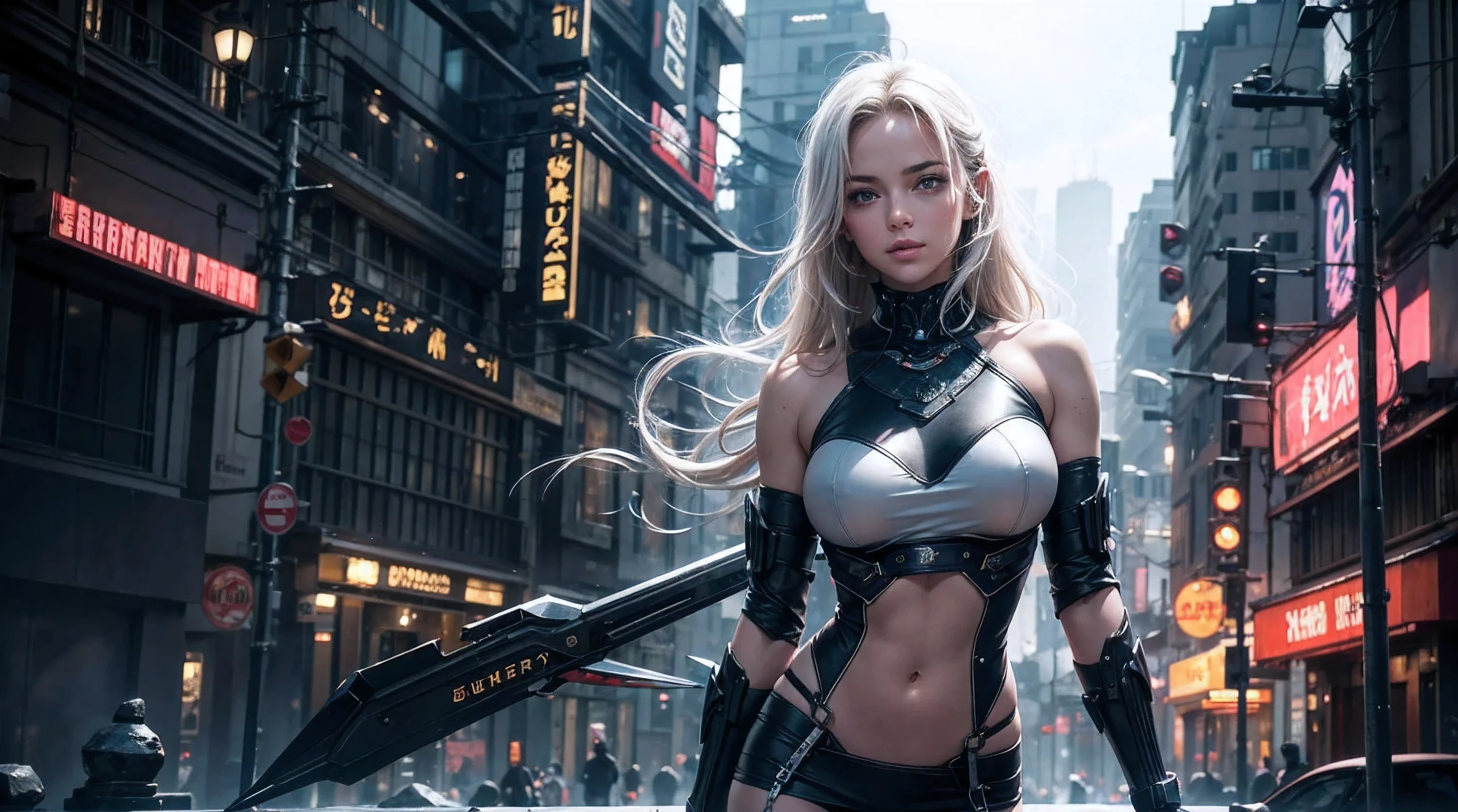 (RAW shooting、highest quality、Masterpiece)、(Real、Photorealistic)、(Super Detail)、Highly detailed CG、8K、UnReal Engine、3D Rendering、((High contrast))、(High chroma)、(Sharpness )、((Very delicate and beautiful))、reflected light、Highly detailed background、((Anatomically correct、Accurate hands、Accurate Fingers、Accurate legs、Both eyes have pupils pointing in the same direction))、8K,Cyber City、Big city、Female Heavy Metal,Wild Style, Platinum Blonde Hair,Detailed Hair、Earrings, Black Metal Bikini Armor,Spiked shoulder armor,cyber punk, armor, Costume with lots of spikes and rivets, Thick cross belt,Full body tribal tattoos,Cleavage, Glossy surface、Glowing Skin