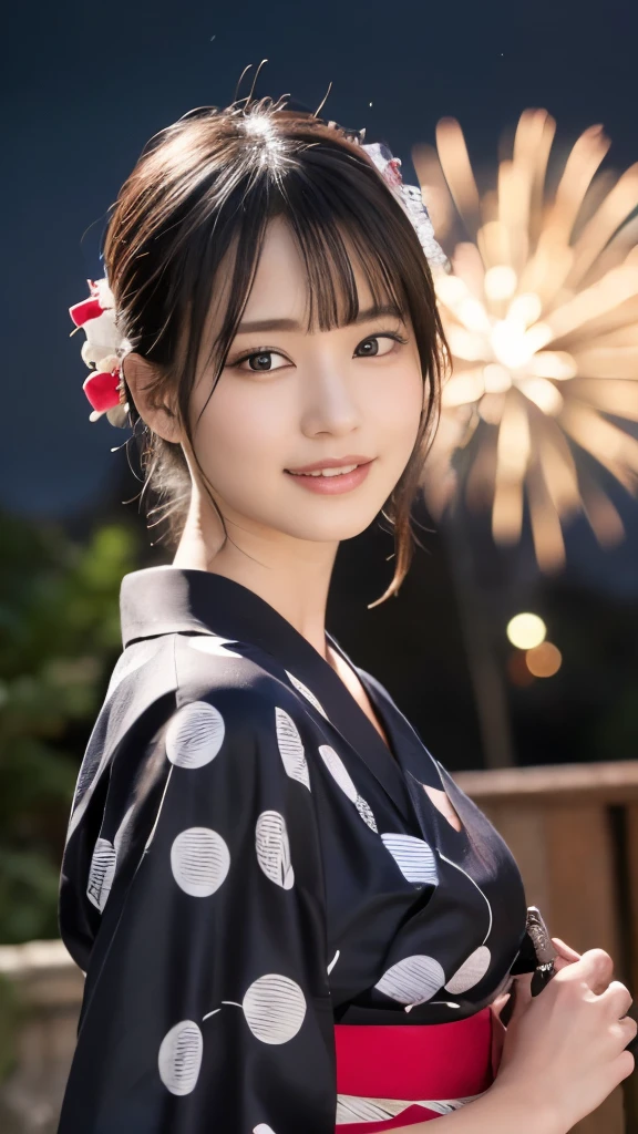 8K,Highest quality,(masterpiece:1.2),(Realistic),(Realistic:1.37),Ultra-high resolution,One Young Woman,((smile)),night,Big Breasts,Beautiful Eyes,festival grounds,(((Fireworks bursting into the sky))),(((night))),(((yukata))),Perfect body,Perfect Fingers,Professional Lighting,gravure,Detailed face and skin texture,fine grain,RAW Photos