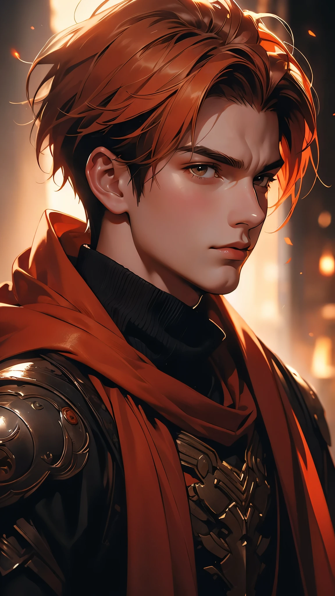 ((masterpiece)), envision a 8k, highres, cinematic, semi realistic, detailed, close up portrait of a strong boy, strong face, mature face, slender muscular body, short orange hair, red eyes, rogue armor, leather armor, scarf, cape,  (((1boy))), in dark lighting, against a dark background