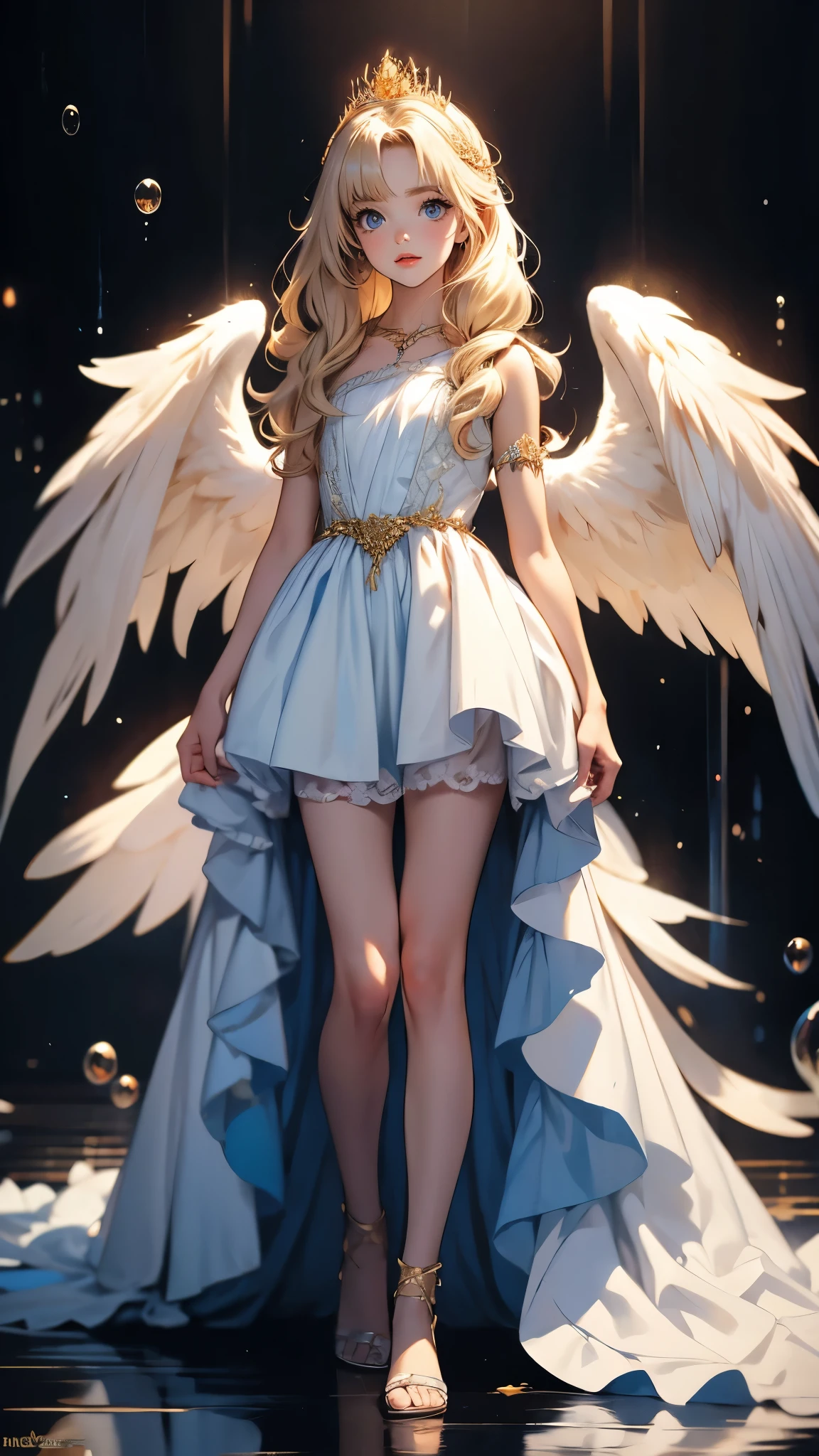 ((Masterpiece)), envision a 8k, highres, cinematic, extremely beautiful semi realistic full body pinup of a beautiful mature princess lady with a mature face, slender body, strong face, ((long light blonde hair)), side locks, choppy bangs, round face, long sweeping bangs, baby blue eyes, soft lips, lip gloss, thick eyebrows, round face, (Half Bird) (((ahoge))), long white dress, fluffy, white fluffy feathers, golden hair clip, small twintails, princess tiara, water bubbles, bare foot, lace garters, ((fluffy wings)), ((((1girl)))), in dark lighting, against a dark gray background