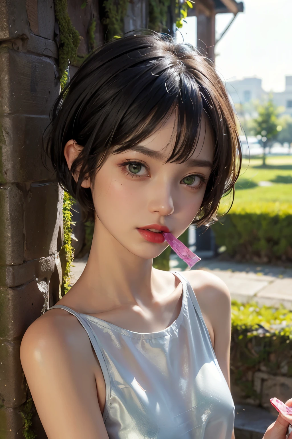 masterpiece, best quality, ultra-detailed,hyperrealistic,shiny skin,1girl,((pixie cut)),((black hair)),short hair,moss green eyes,(((tareme))),medium breasts,slender,,used condom  in mouth,condom wrapper in mouth,portrait,
