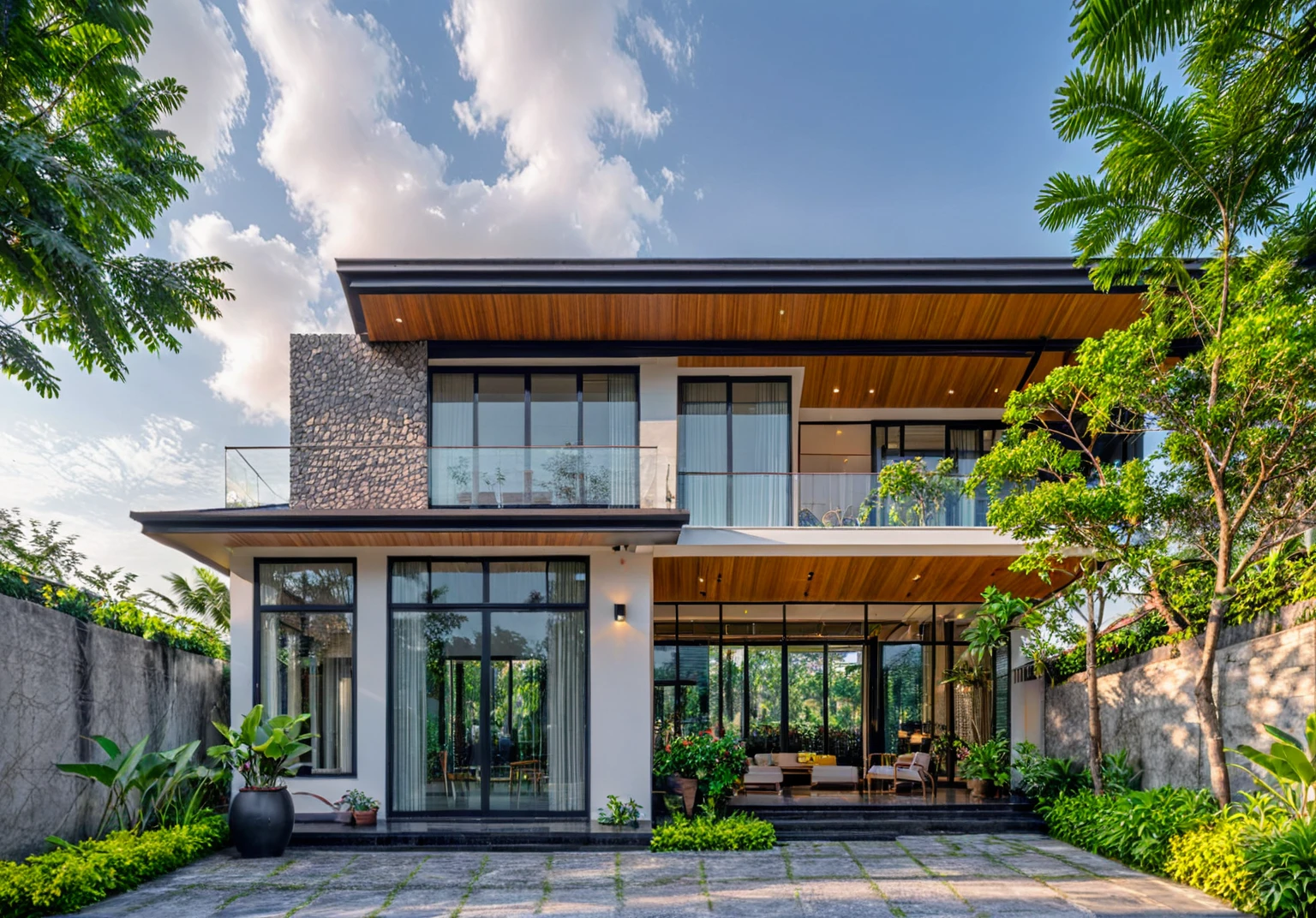 Raw photo,Masterpiece, high quality, best quality, authentic, super detail, soft lighting, high quality,
exterior, outdoors, house style modern on the street vietnam, 1st floor facade with beige granite wall, black glass, 1st with Granite balcony narrative,
road ,pavement, grass, trees, sunset, black glass, cloud, (day:1.1), vivid colour, (realistic:1.2), 
