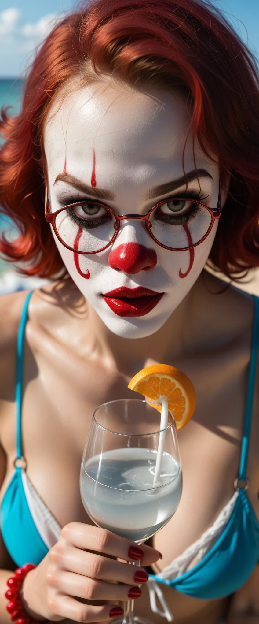 score_9, score_8_up, score_7_up,  close up portrait of pennywise a creepy clown at the beach wearing glasses holding a vodka, summer, Spain, beach  sunny day,