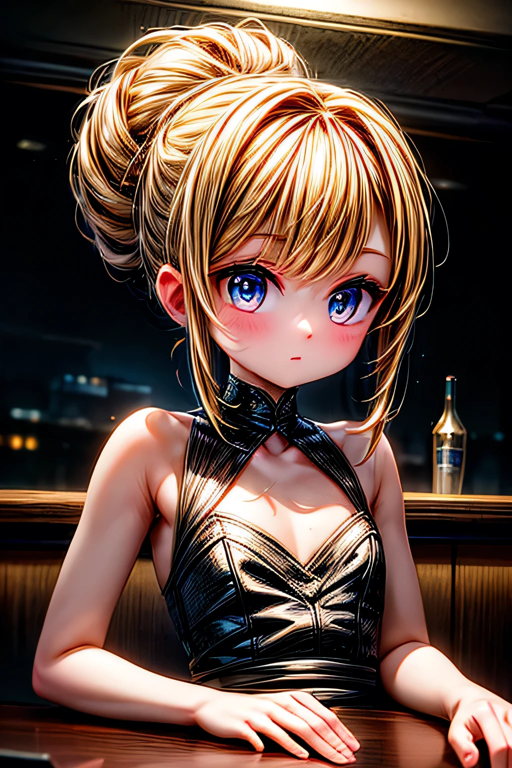 Portrait of Abigail: a stunning woman with an updo, sitting at the bar in a nightclub. This masterpiece is of the best quality, ultra-detailed, and perfect for an 8k HDR wallpaper. Featuring cinematic lighting with sharp focus and intricate details.