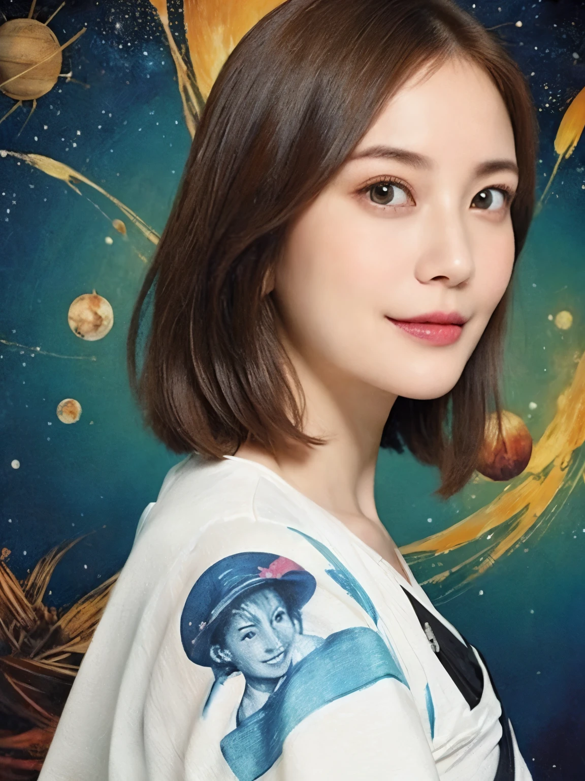 293 (20-year-old woman,Short Hair), (A kind smile), ((宇宙海賊captain,captain)), (colorful), (Leonardo da Vinci paintings), flower, Futuristic space pirate ship, nebula