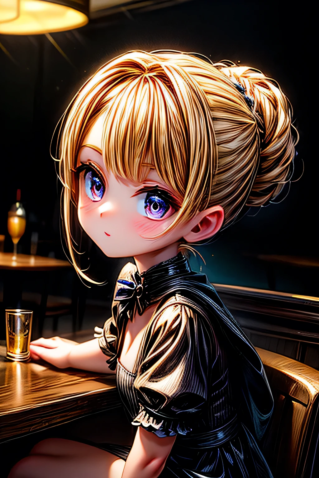 Portrait of Abigail: a stunning woman with an updo, sitting at the bar in a nightclub. This masterpiece is of the best quality, ultra-detailed, and perfect for an 8k HDR wallpaper. Featuring cinematic lighting with sharp focus and intricate details.