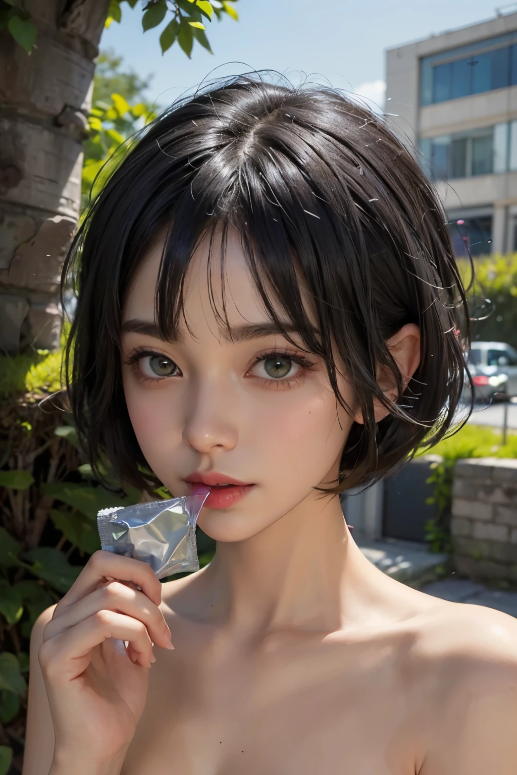 masterpiece, best quality, ultra-detailed,hyperrealistic,shiny skin,1girl,((pixie cut)),((black hair)),short hair,moss green eyes,(((tareme))),medium breasts,slender,,used condom  in mouth,condom wrapper in mouth,portrait,holding condom wrapper,
