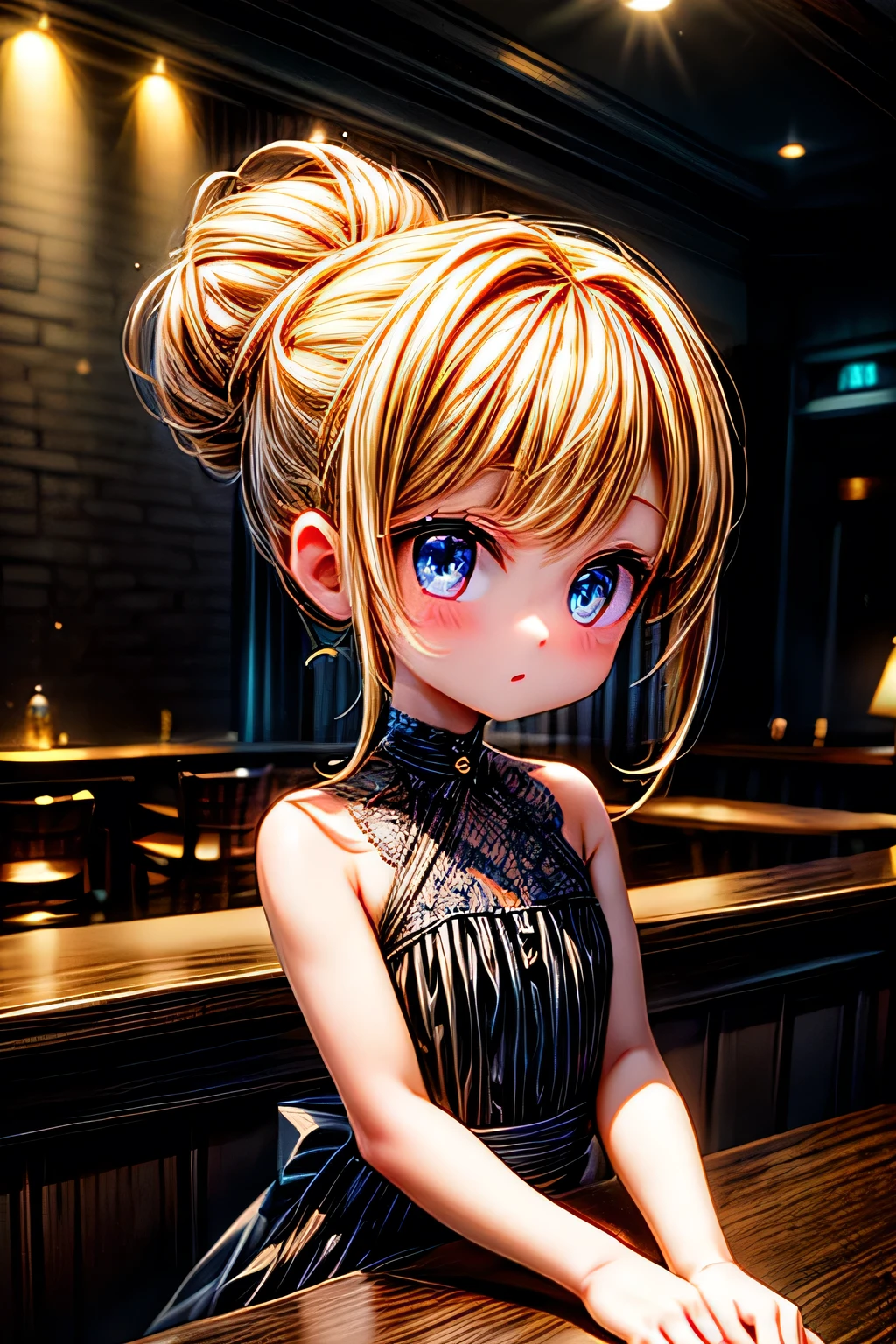 Portrait of Abigail: a stunning woman with an updo, sitting at the bar in a nightclub. This masterpiece is of the best quality, ultra-detailed, and perfect for an 8k HDR wallpaper. Featuring cinematic lighting with sharp focus and intricate details.