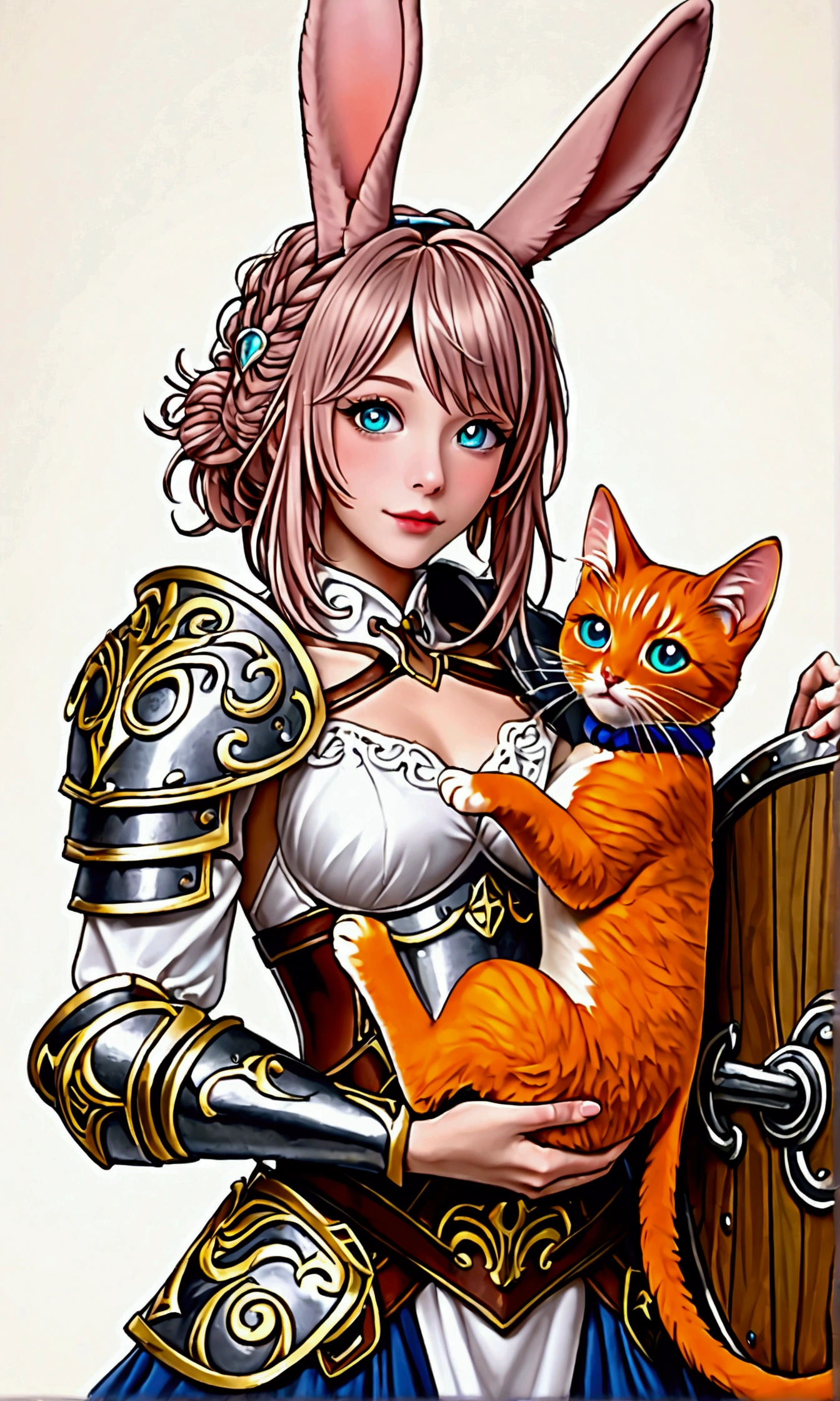 Sitting, pretending to hold a small kitten,from behind,gwendolyn,smile,,headband, armor,  breastplate, pants,, gloves, pauldrons, gauntlets, looking at viewer, shoulder armor,outdoors,cattle,(masterpiece, best quality, ultra-detailed, best shadow)