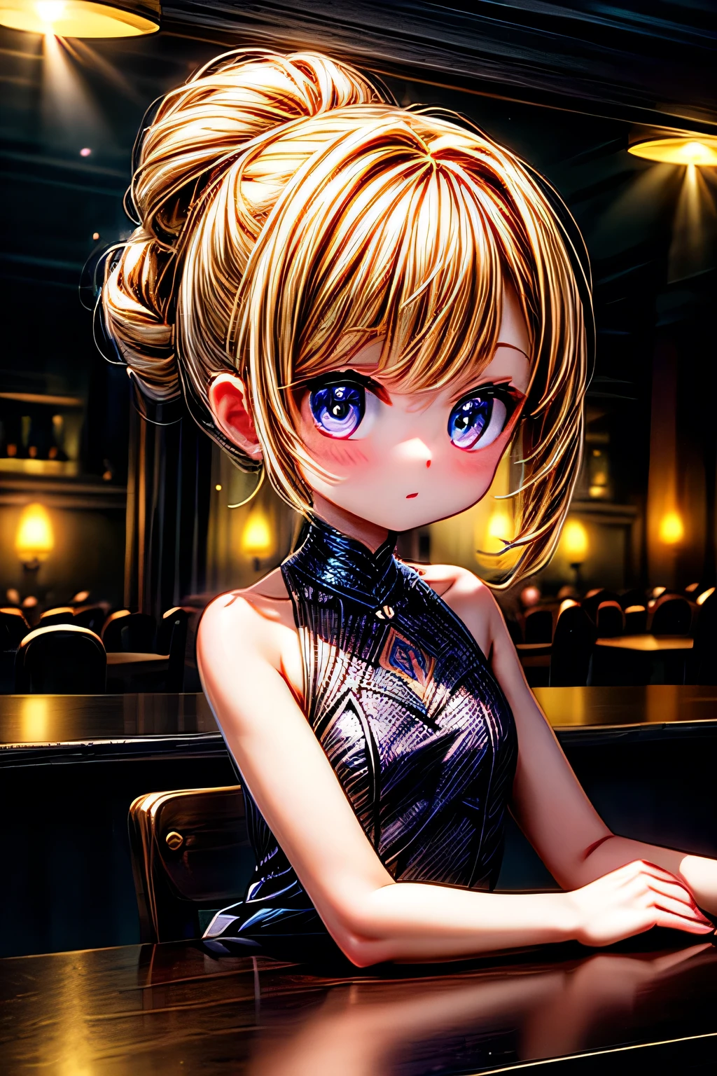 Portrait of Abigail: a stunning woman with an updo, sitting at the bar in a nightclub. This masterpiece is of the best quality, ultra-detailed, and perfect for an 8k HDR wallpaper. Featuring cinematic lighting with sharp focus and intricate details.