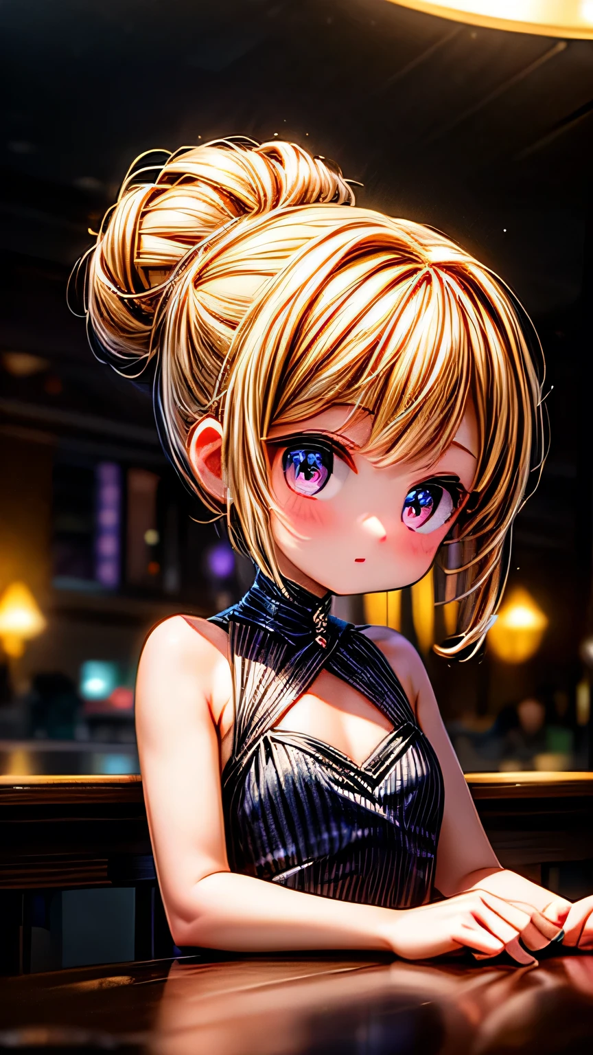 Portrait of Abigail: a stunning woman with an updo, sitting at the bar in a nightclub. This masterpiece is of the best quality, ultra-detailed, and perfect for an 8k HDR wallpaper. Featuring cinematic lighting with sharp focus and intricate details.