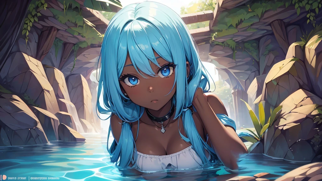 ((best quality)), ((masterpiece)), (detailed), perfect face, upper body shot, long hair, wet hair, white bikini, large breasts, dark skin, deep blue eyes, beautifull eyes, nessa pokemon, submerged, submerged_water, sea