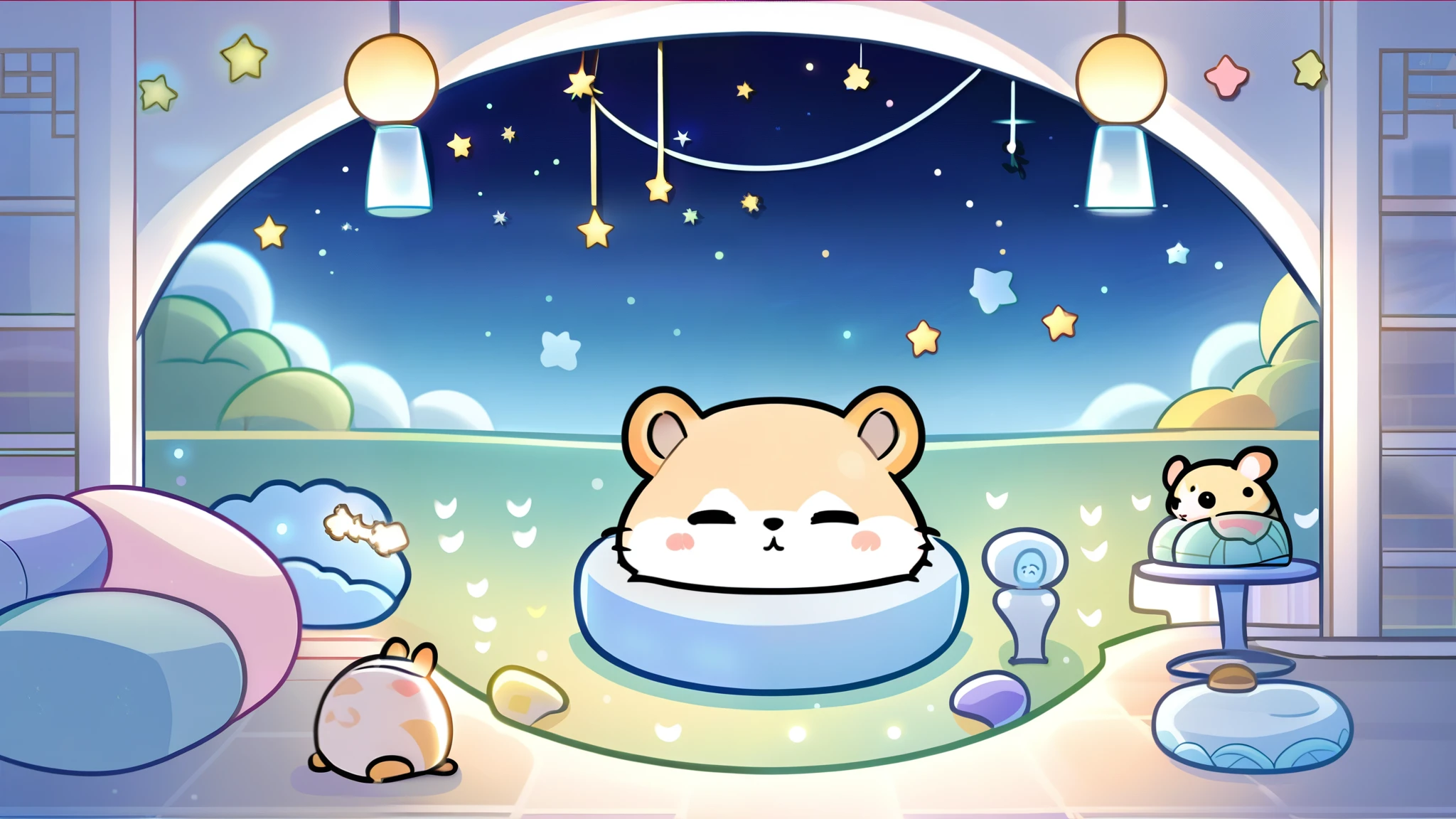 A hamster is seen sleeping dreamily with his eyes closed.。
In the background there are stars shining in the night sky。You can feel the dreamy atmosphere.。The scenery other than Hamu is generally characterized by pale blue pastel tones.、It&#39;s a very dreamy image.。