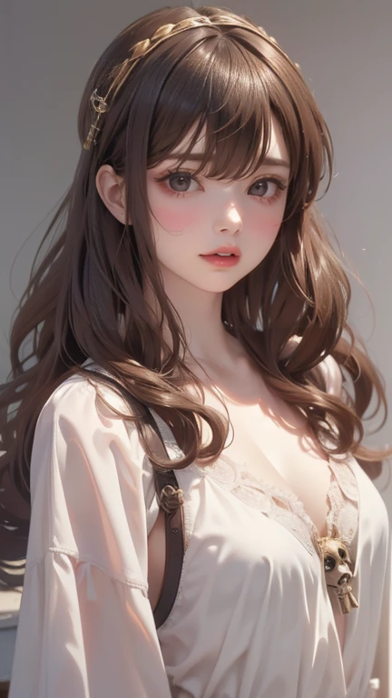 (masterpiece, The best, 32k ultra high definition, masterpiece, Best Quality, Pixiv, Cool Girl, The most powerful pirate girl, skull fashion, dark brown hair, curls, Dull bangs, Straight bangs, Gray eyes, white skin, [gal, improve