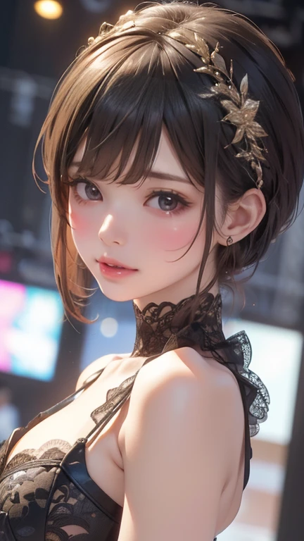 Surreal、Delicate and detailed line drawingasterpiece、highest quality、Highest quality、(One Woman、16 years old、(big breasts:1.1)、(Black Hair、Hime cut, Short Hair:1.2)、(Natural Makeup、Eyelash extensions、Sharply draw eyelashes、Eyebrows are thin and short、Deep orange blush:1.1)、(Staring at the audience, Spaced out、Looks sleepy、The mouth is open、A little red cheeks:1.3)、(Black simple hair accessory、A gothic dress with a revealing chest:1.3))、Dark Rose Garden、Purple roses、(Blur the background:1.3)、(The subject is viewed from above:1.1)、Photo from thigh up
