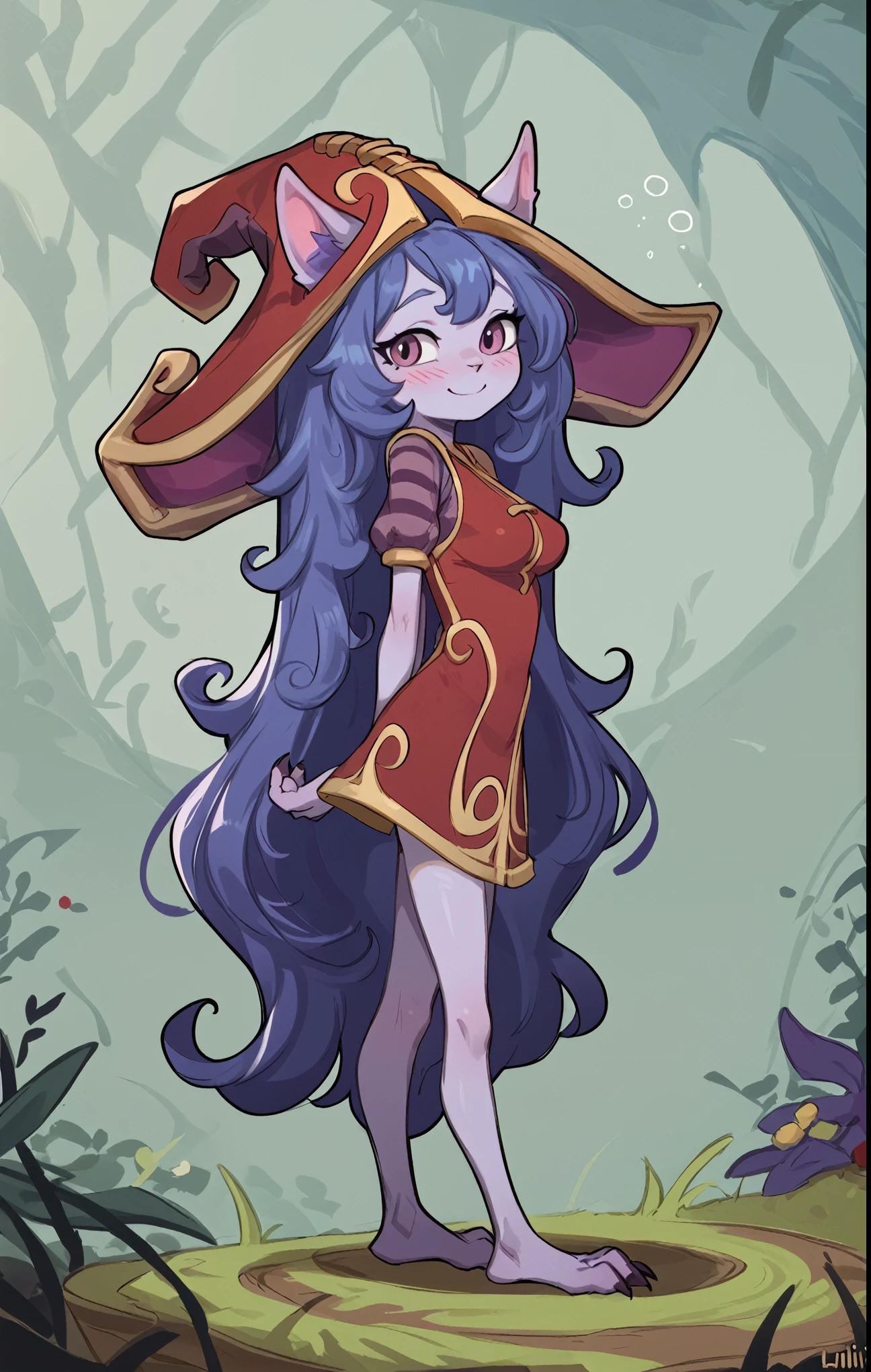 score_9, score_8_up, score_7_up, best quality, masterpiece, Lulu, (absurdly high resolution:1.4), from side, (short, diminutive, smol), yordle, (humanoid, light purple skin, purple eyes, (long ears, horizontal ears), long horizontal yordle ears, claws, feminine), barefoot, cute, adorable, slim, (puffy hair, fluffy hair,), large breasts, sleepy expression, blush lines, submissive), solo, Expressive, young, expressive, outer space, matching clothes, hands behind her back, Correct number of toes on each foot, witch, smiling, loving, red dress, perfect arms and hands, paw pads,
