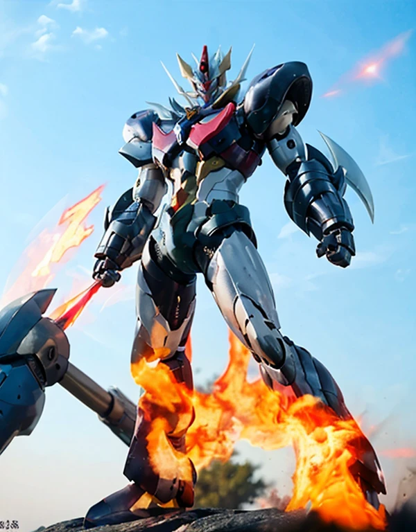 Humanoid Mecha, Fully enclosed shoulder guards, Matching arm and leg guards, whole body, Full Armor, Super Robot, Robust and agile design, ( the concept Inspired by Super Robot, mazingerz chest armor, Temporarily stop, Standing, Floating above a futuristic sci-fi city), Exquisite and mature art style, (Aura effect, Energy, Glowing Eyes, Armor Shines), ((ＳＲＳ)), metallic, dramatic, High resolution, Best Quality, High resolution, Very detailed, Ultra-fine painting, Very delicate, professional, 完璧なボディprofessionalポーション, Anatomically correct, Symmetrical face, Very detailed目と顔, High quality eyes, creativity, RAW Photos, 超High resolution, 32K, Natural Light, Cinema Lighting, masterpiece-anatomy-perfect, masterpiece:1.5. Shining Eyes