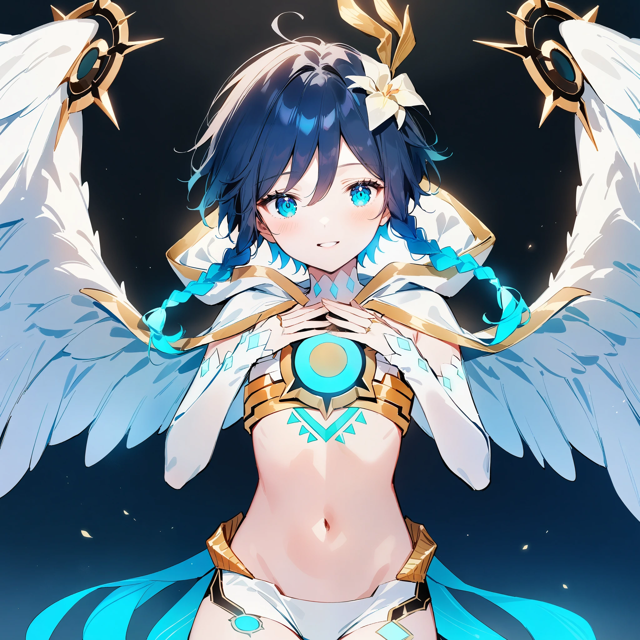 (masterpiece,best quality,4k,8k,absurdres:1.2),agahari,aoi nanase,((illustrated by carnelian)),sharp and clear, wide blue slit pupils, perfect face, 1boy, flat chest,venti_\(archon\)_\(genshin_impact\),bare stomach,graceful,(face focus,detailed_eyes),gradient_hair,chest_tattoo,thigh_tattoo,flirtatious,seductive,dsmile,large fluffy angel wings,otoko no ko
