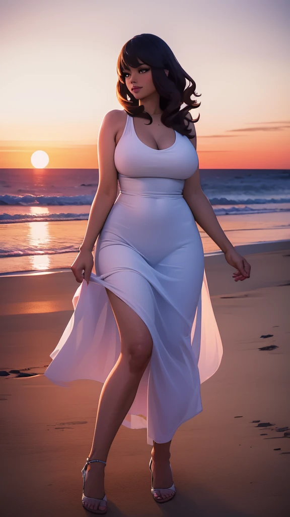 A curvy woman in a long, form-fitting dress, standing on the beach at sunset, (best quality,4k,8k,highres,masterpiece:1.2),ultra-detailed,(realistic,photorealistic,photo-realistic:1.37),beautiful detailed eyes,beautiful detailed lips,extremely detailed eyes and face,longeyelashes,cinematic lighting,dramatic colors,warm tones,glowing sunset,ocean waves,soft sand,detailed fabric,elegant pose,graceful movement