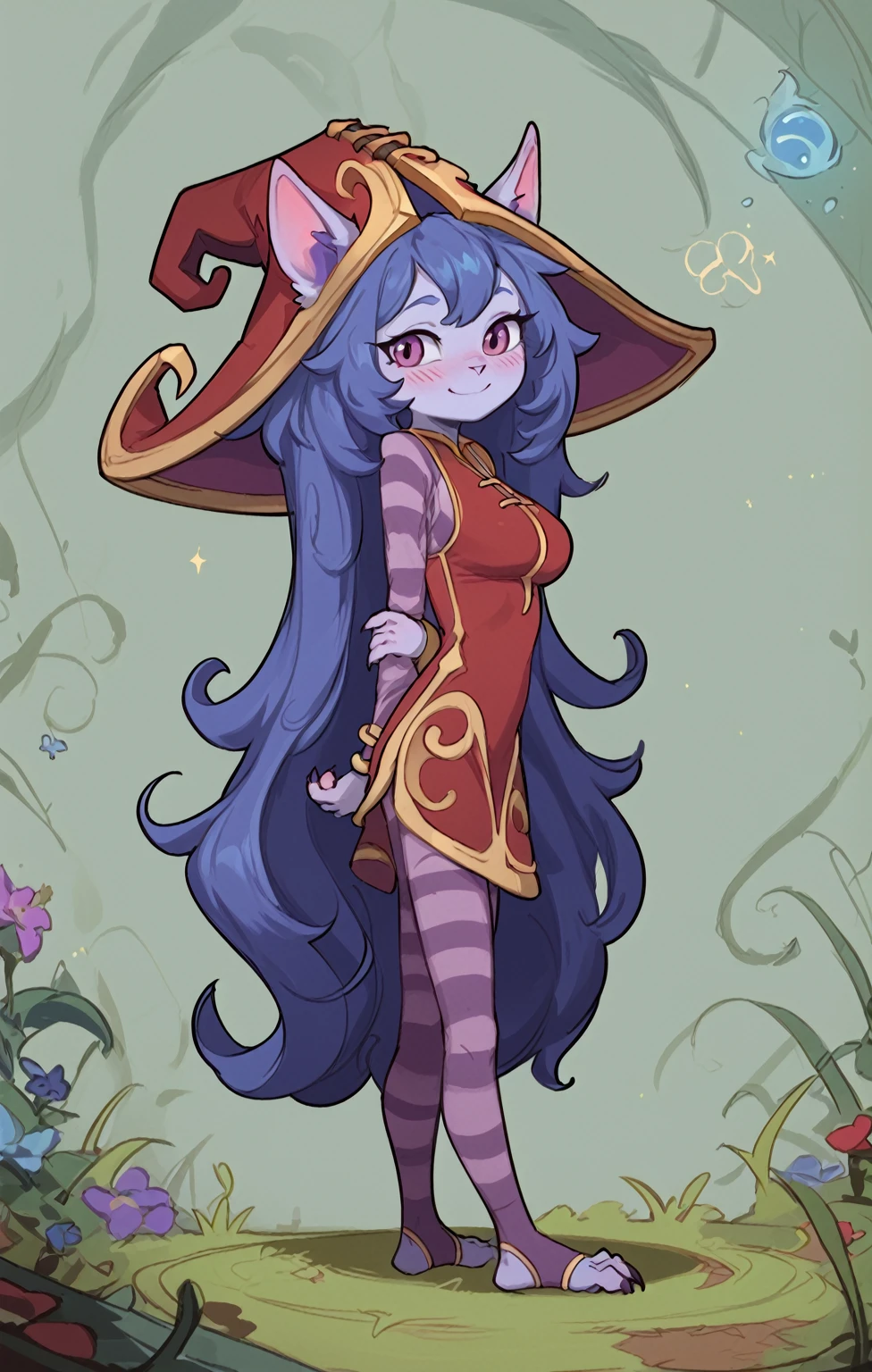 score_9, score_8_up, score_7_up, best quality, masterpiece, Lulu, (absurdly high resolution:1.4), from side, (short, diminutive, smol), yordle, (humanoid, light purple skin, purple eyes, (long ears, horizontal ears), long horizontal yordle ears, claws, feminine), barefoot, cute, adorable, slim, (puffy hair, fluffy hair,), large breasts, sleepy expression, blush lines, submissive), solo, Expressive, young, expressive, outer space, matching clothes, hands behind her back, Correct number of toes on each foot, witch, smiling, loving, red dress, perfect arms and hands, paw pads, stirrup legwear,  