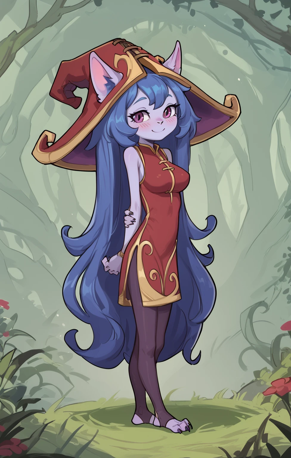 score_9, score_8_up, score_7_up, best quality, masterpiece, Lulu, (absurdly high resolution:1.4), from side, (short, diminutive, smol), yordle, (humanoid, light purple skin, purple eyes, (long ears, horizontal ears), long horizontal yordle ears, claws, feminine), barefoot, cute, adorable, slim, (puffy hair, fluffy hair,), large breasts, sleepy expression, blush lines, submissive), solo, Expressive, young, expressive, outer space, matching clothes, hands behind her back, Correct number of toes on each foot, witch, smiling, loving, red dress, perfect arms and hands, paw pads, stirrup legwear,  perfect feet, perfect hands, magical forest setting,