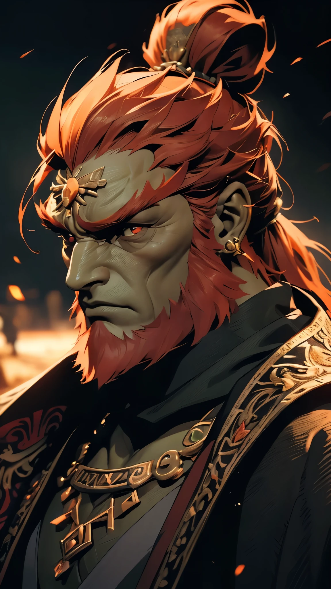 ((masterpiece)), envision a 8k, highres, cinematic, semi realistic, detailed, close up portrait of a strong young man, strong face, mature face, slender muscular body, (green skin), full beard, long orange hair, ponytail, red eyes, Gannondorf, black armor, scarf, cape,  (((1boy))), in dark lighting, against a dark background