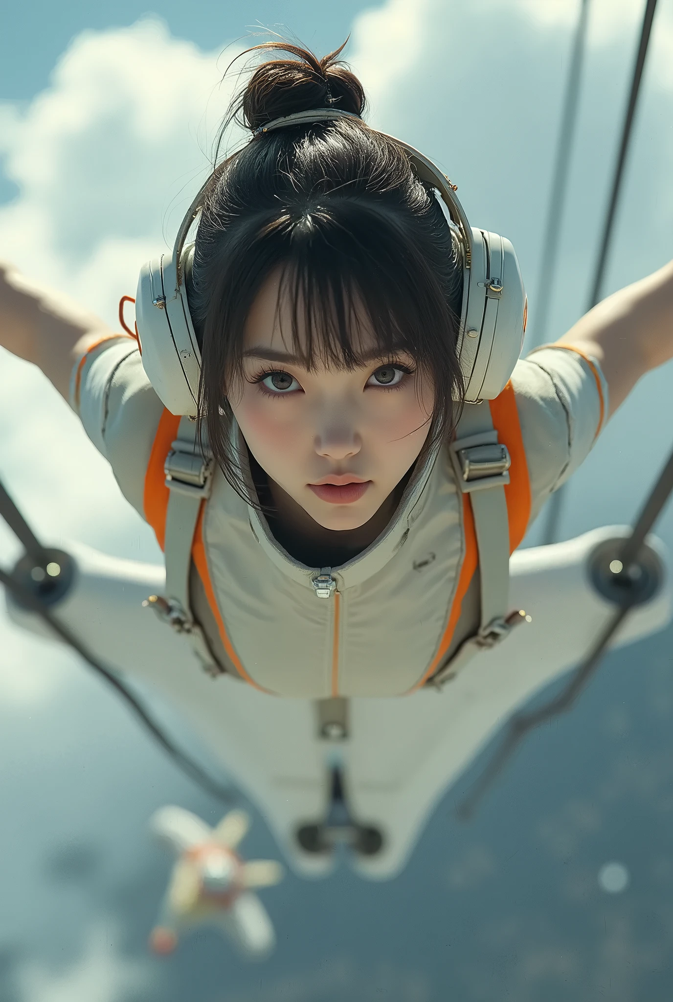 NFSW, photo-realistic, ultra-realistic, very beautiful Japanese, famous Japanese idol, 20 years old, dramatic scene, masterpiece, beautiful eyes, mad scientist, conducting a crazy experiment, She developed a special ability to fly, flying with fighter jets, supersonic flight, amazing view from the sky, (very large breasts:1.3), acrobatic pose, dynamic angle, wearing dynamic outfits for mad scientist