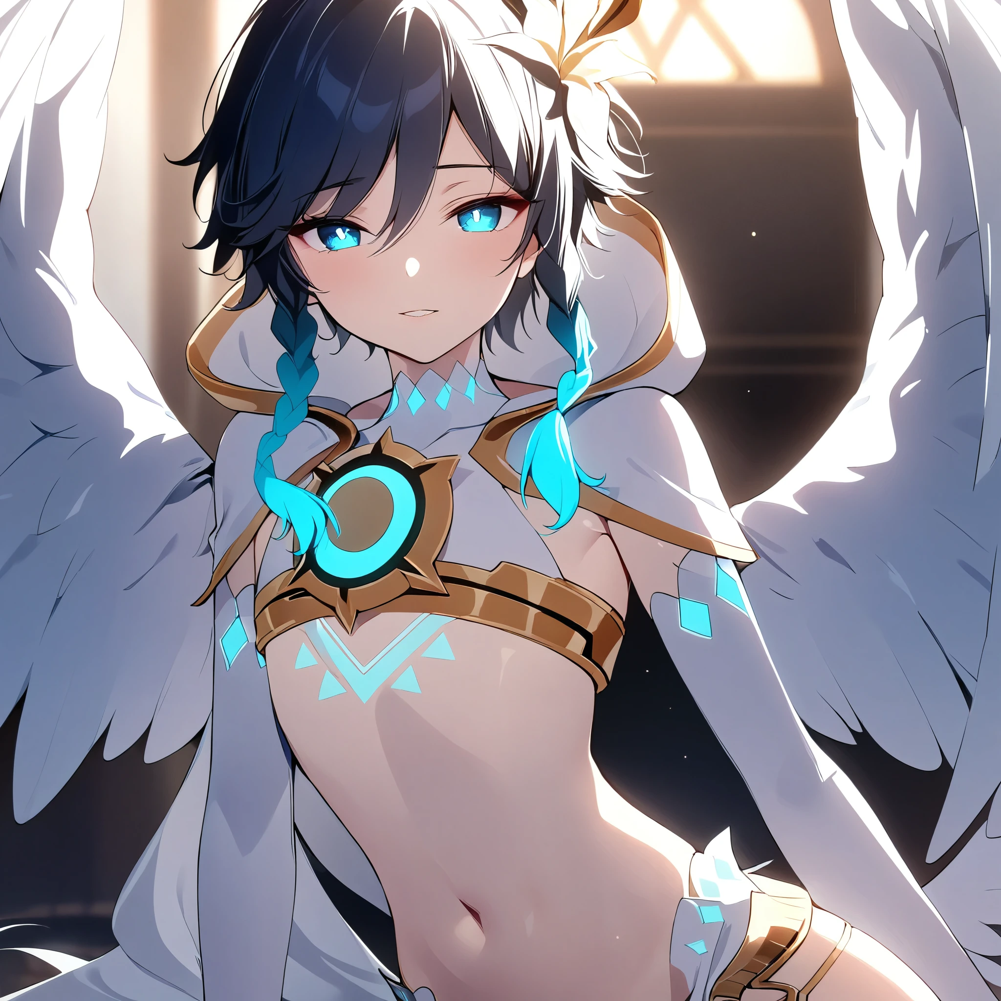 (masterpiece,best quality,4k,8k,absurdres:1.2),agahari,aoi nanase,((illustrated by carnelian)),sharp and clear, wide blue slit pupils, perfect face, 1boy, flat chest,venti_\(archon\)_\(genshin_impact\),bare stomach,graceful,(face focus,detailed_eyes),gradient_hair,chest_tattoo,thigh_tattoo,flirtatious,seductive,dsmile,large fluffy angel wings,otoko no ko
