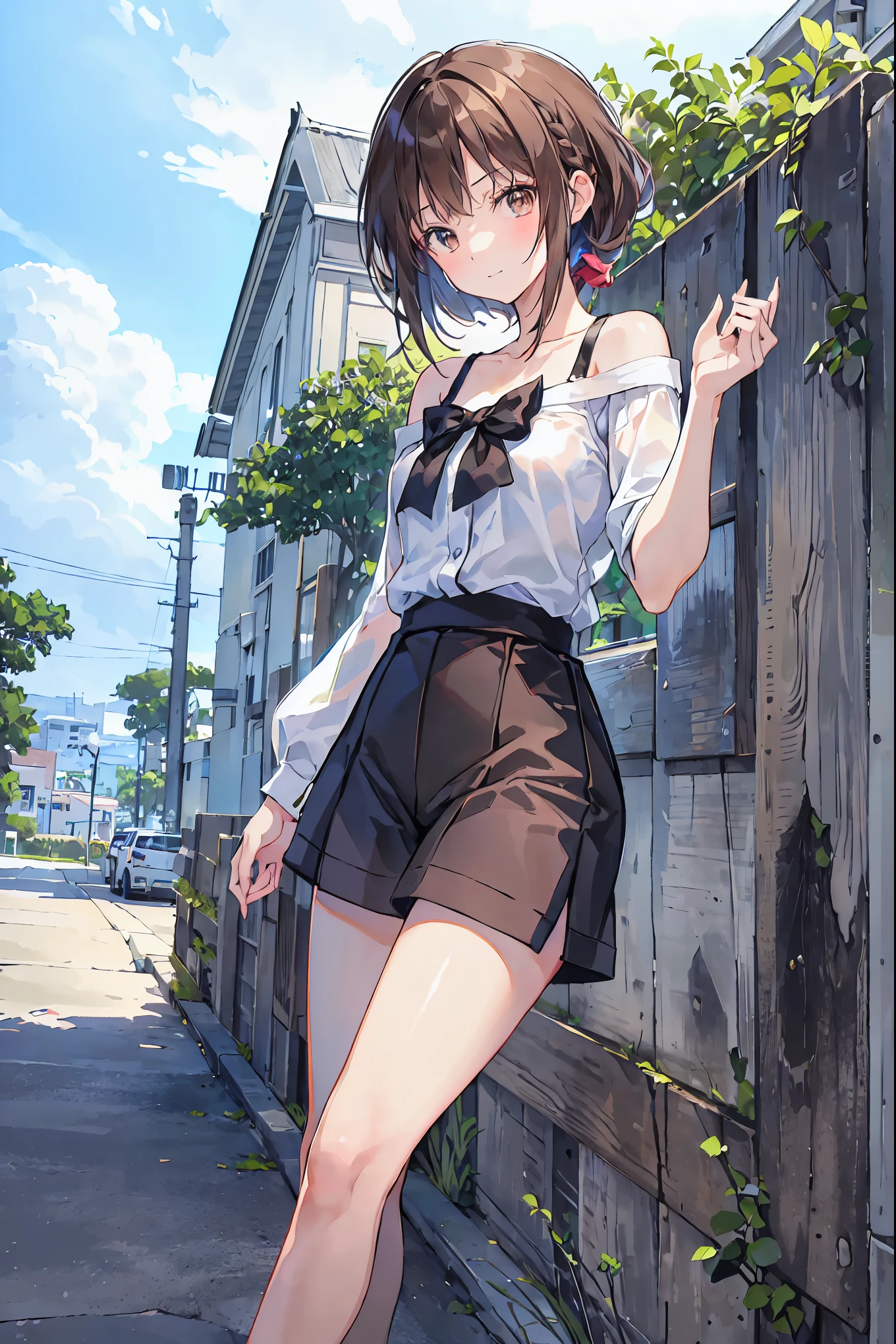 absurdres, RAW photo, extremely delicate and beautiful, masterpiece, Best Quality, ultra high resolution, 32k, hyperrealistic, ultra-detailed, delicate facial features, beautiful detailed woman, tearful mole, earring, medium breasts, (full body shot), medium hair, black hair, teacher, wearing a red and blue striped shirt, bootyshorts, Thicc, propeller hat,