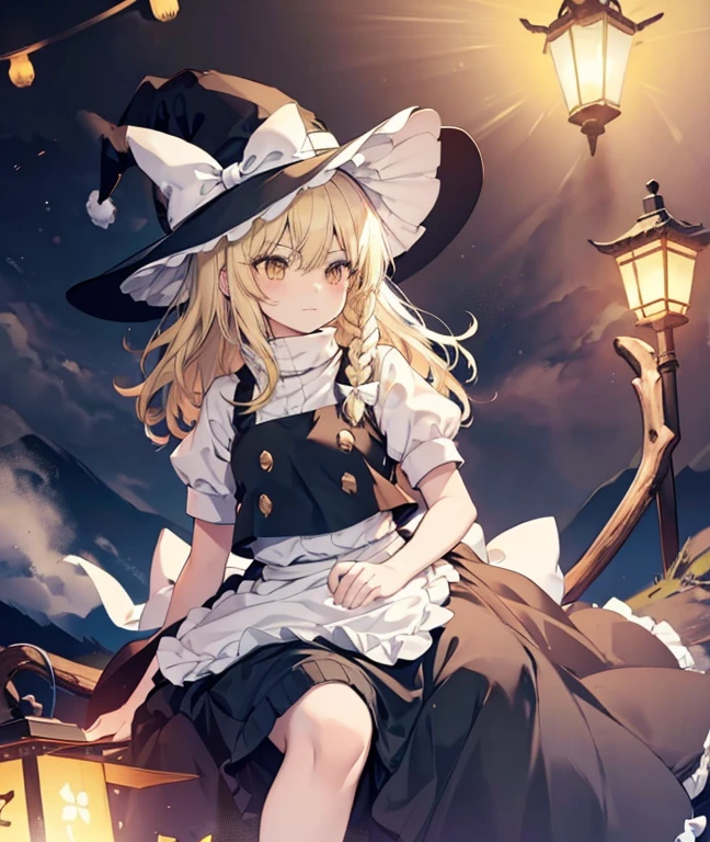 niji style , Kirisame Marisa, 1girl, Blonde hair, witch hat, yellow eyes, long hair, vest, apron, bow, short sleeves, hat bow, braid, puffy sleeves, skirt Masterpiece, fine detail, overhead view, 4K, 8k, 12K, Alone, Alone, beautiful girl, white woman, Marisa Kirisame, Blonde, long hair, hat, straddling a broom, legs in the air, legs hanging, crotch on a stick, night, dark, forest, lantern, lantern, Kirisame Marisa, 1girl, Blonde hair, witch hat, yellow eyes, long hair, vest, apron, bow, short sleeves, hat bow, braid, puffy sleeves, skirt Riding a black horse🐎　There are black horses around🐎　Christmas night illumination　Snow covered Christmas tree　Horse and Marisa🐴