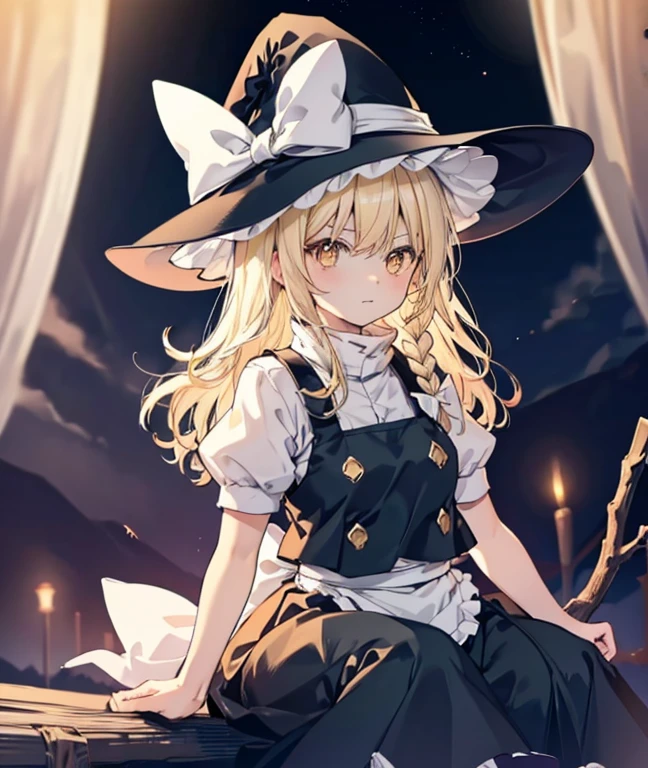 niji style , Kirisame Marisa, 1girl, Blonde hair, witch hat, yellow eyes, long hair, vest, apron, bow, short sleeves, hat bow, braid, puffy sleeves, skirt Masterpiece, fine detail, overhead view, 4K, 8k, 12K, Alone, Alone, beautiful girl, white woman, Marisa Kirisame, Blonde, long hair, hat, straddling a broom, legs in the air, legs hanging, crotch on a stick, night, dark, forest, lantern, lantern, Kirisame Marisa, 1girl, Blonde hair, witch hat, yellow eyes, long hair, vest, apron, bow, short sleeves, hat bow, braid, puffy sleeves, skirt Riding a black horse🐎　There are black horses around🐎　Christmas night illumination　Snow covered Christmas tree　Horse and Marisa🐴