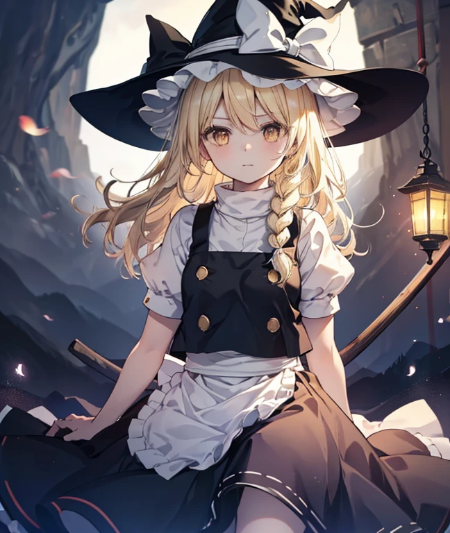 niji style , Kirisame Marisa, 1girl, Blonde hair, witch hat, yellow eyes, long hair, vest, apron, bow, short sleeves, hat bow, braid, puffy sleeves, skirt Masterpiece, fine detail, overhead view, 4K, 8k, 12K, Alone, Alone, beautiful girl, white woman, Marisa Kirisame, Blonde, long hair, hat, straddling a broom, legs in the air, legs hanging, crotch on a stick, night, dark, forest, lantern, lantern, Kirisame Marisa, 1girl, Blonde hair, witch hat, yellow eyes, long hair, vest, apron, bow, short sleeves, hat bow, braid, puffy sleeves, skirt Riding a black horse🐎　There are black horses around🐎　Christmas night illumination　Snow covered Christmas tree　Horse and Marisa🐴