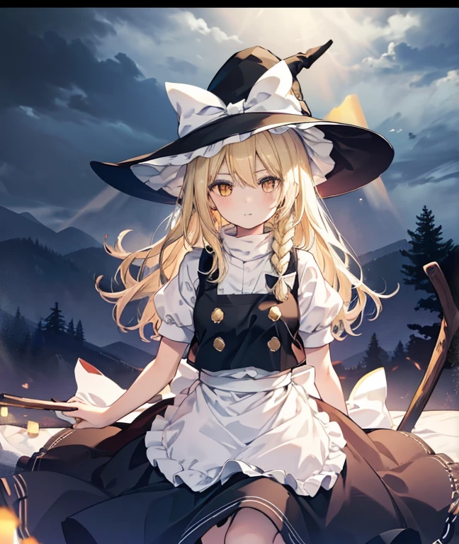 niji style , Kirisame Marisa, 1girl, Blonde hair, witch hat, yellow eyes, long hair, vest, apron, bow, short sleeves, hat bow, braid, puffy sleeves, skirt Masterpiece, fine detail, overhead view, 4K, 8k, 12K, Alone, Alone, beautiful girl, white woman, Marisa Kirisame, Blonde, long hair, hat, straddling a broom, legs in the air, legs hanging, crotch on a stick, night, dark, forest, lantern, lantern, Kirisame Marisa, 1girl, Blonde hair, witch hat, yellow eyes, long hair, vest, apron, bow, short sleeves, hat bow, braid, puffy sleeves, skirt Riding a black horse🐎　There are black horses around🐎　Christmas night illumination　Snow covered Christmas tree　Horse and Marisa🐴