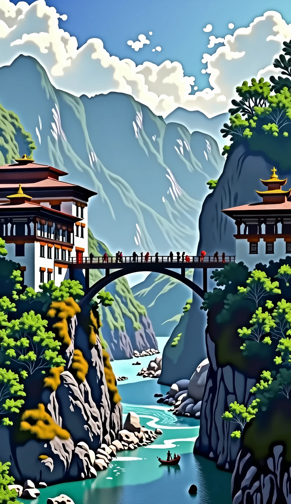 there is a cartoon picture of a woman and a  in front of a mountain, omar shanti himalaya tibet, bhutan, laurent durieux, inspired by Tom Whalen, illustration!, kilian eng vibrant colours, kilian eng vibrant colors, vibrant tourism poster, vector behance hd jesper ejsing, tibetan painting, james gilleard artwork, flat illustration