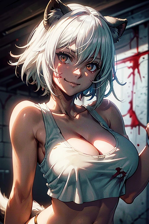 masterpiece, best quality, high resolution, 1 girl, alone, animal ears, white hair, short hair, brown eyes, tail, medium breasts, navel, white panties, tank top, cleavage, (upper body), of foot, smile, ((blood on face)), blood on hand, killer, close up, Perfect Anatomy, (balanced lighting)