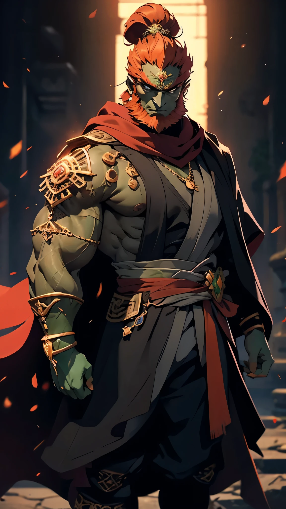 ((masterpiece)), envision a 8k, highres, cinematic, semi realistic, detailed, full body pinup of a strong young man, strong face, mature face, slender tall muscular body, (green skin), full beard, long orange hair, ponytail, red eyes, Gannondorf, black armor, scarf, cape,  (((1boy))), in dark lighting, against a dark background