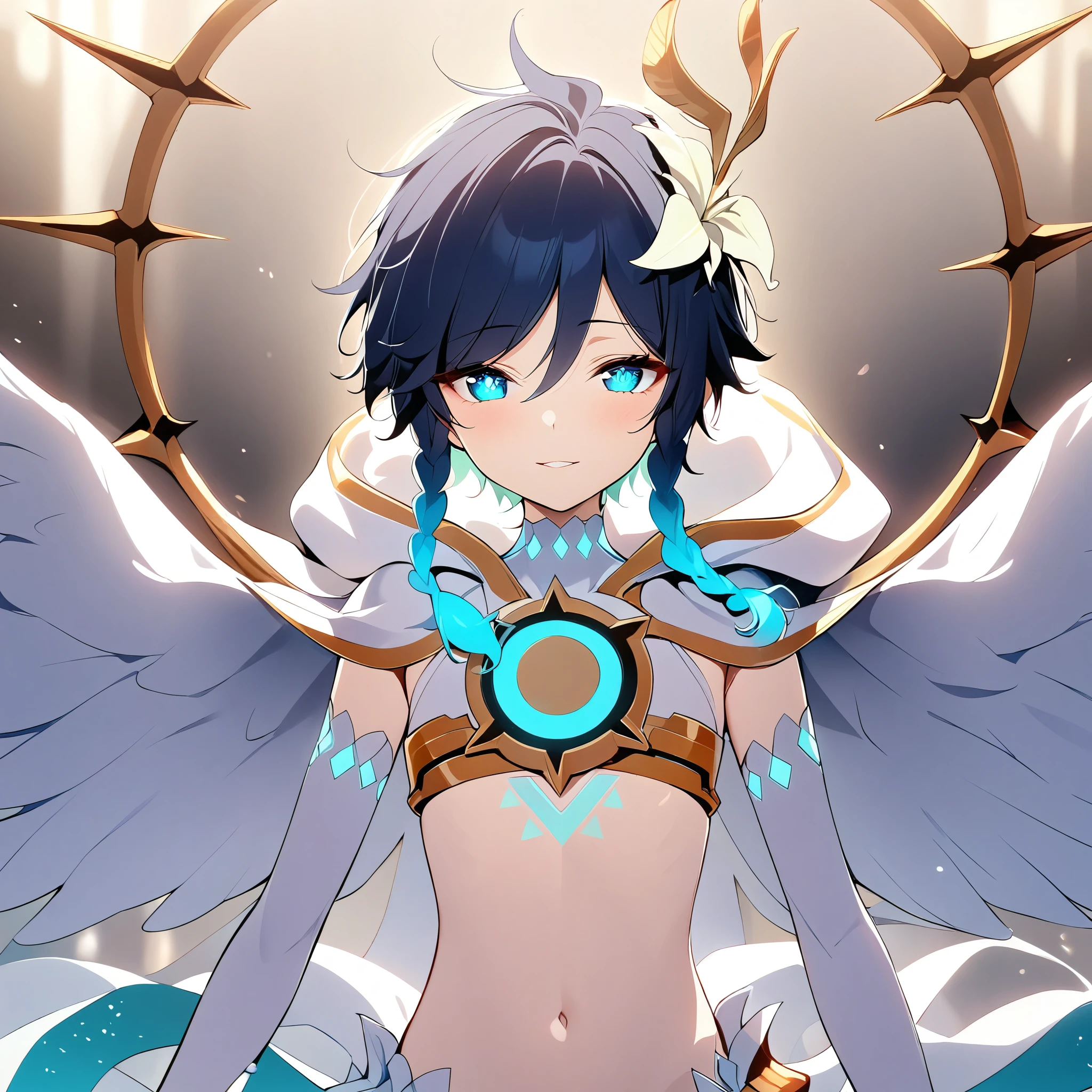 (masterpiece,best quality,4k,8k,absurdres:1.2),agahari,aoi nanase,((illustrated by carnelian)),sharp and clear, wide blue slit pupils, perfect face, 1boy, flat chest,venti_\(archon\)_\(genshin_impact\),bare stomach,graceful,(face focus,detailed_eyes),gradient_hair,chest_tattoo,thigh_tattoo,flirtatious,seductive,dsmile,large fluffy angel wings,otoko no ko,crystalflies,elysian realm
