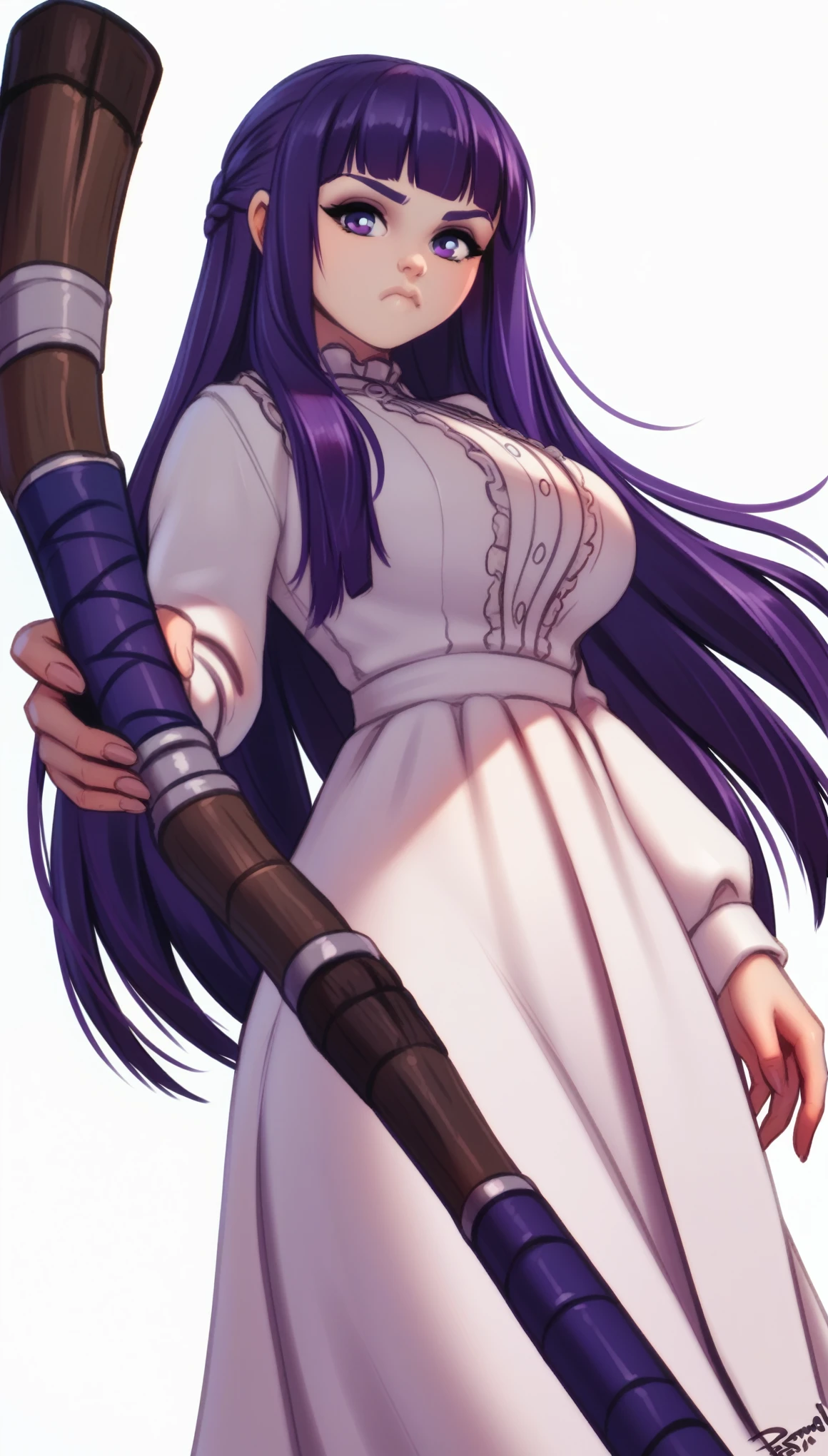 PersonalAmi style, 1girl, solo, fern (sousou no frieren), breasts, long_hair, purple_hair, purple_eyes, staff, looking_at_viewer, dress, large_breasts, white_background, holding, white_dress, simple_background, bangs, :t, holding_staff, long_sleeves, pout, weapon, blunt_bangs, closed_mouth, holding_weapon, very_long_hair, sidelocks, cowboy_shot